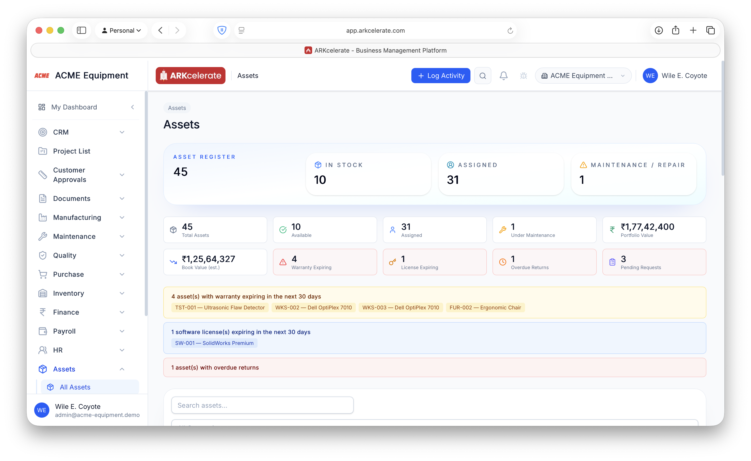 Asset command center — register, in-stock vs assigned, portfolio + book value, and live alerts for warranties, licenses, overdue returns and pending requests.