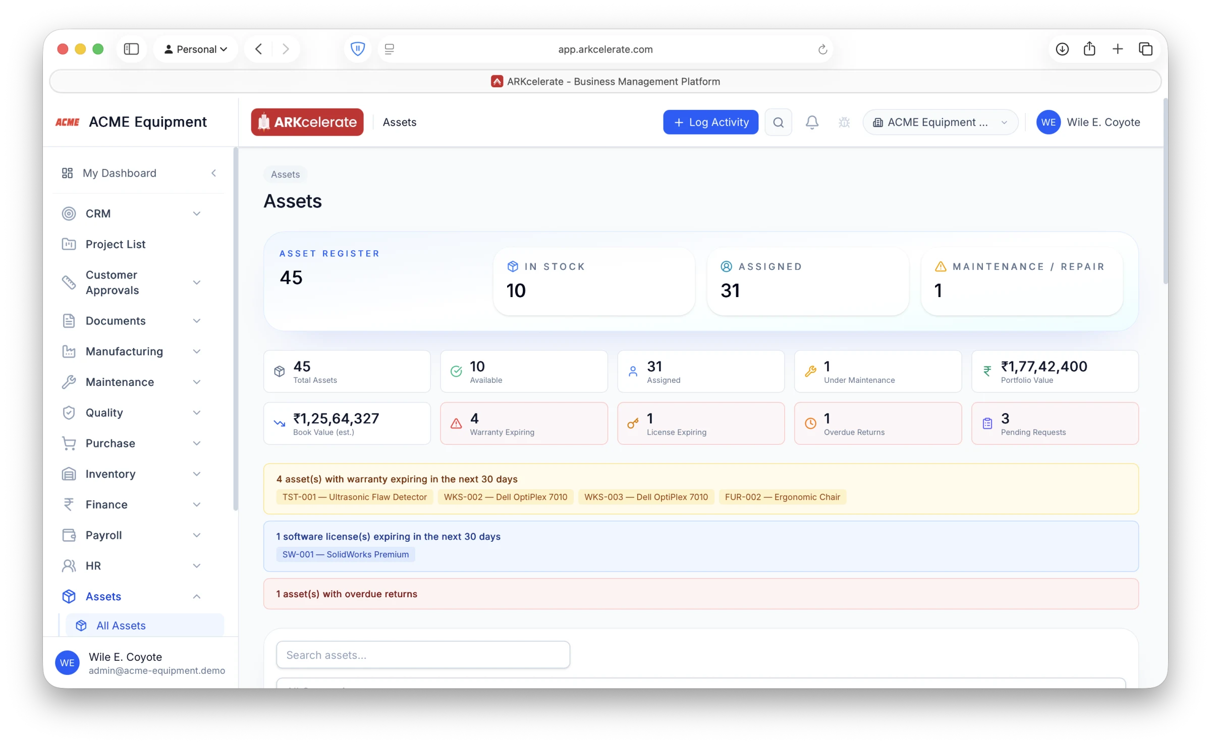 Asset command center — register, in-stock vs assigned, portfolio + book value, and live alerts for warranties, licenses, overdue returns and pending requests.