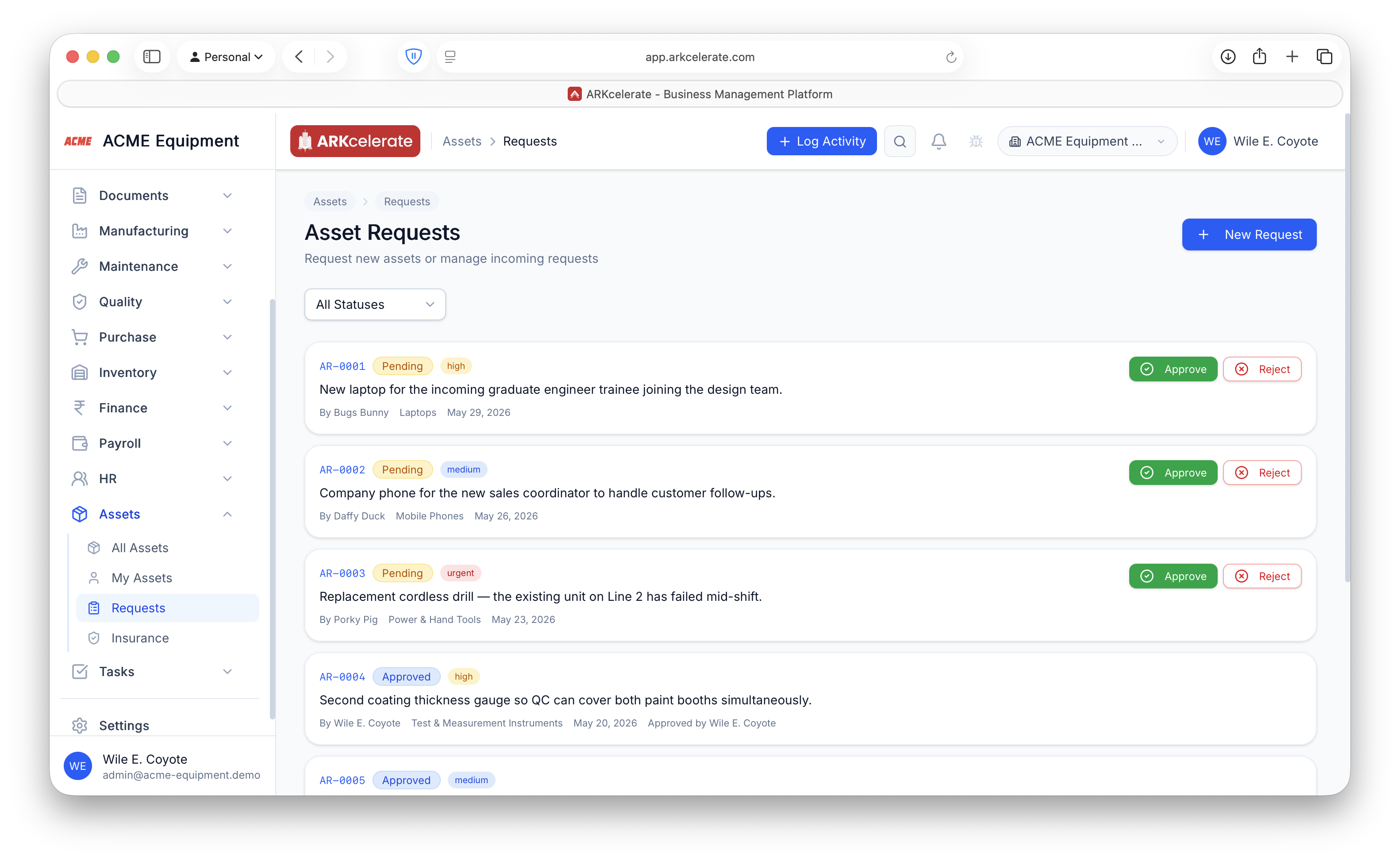 Asset Requests — pending/approved queue with requester, category, priority and inline approve/reject.