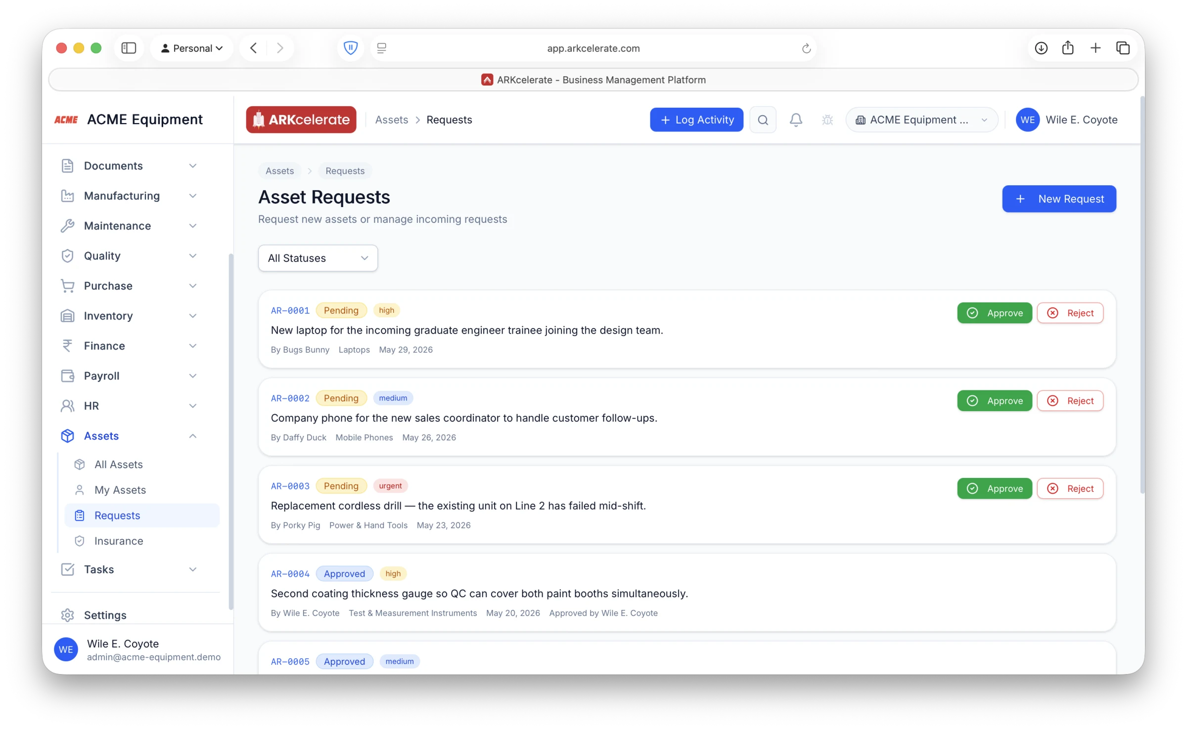 Asset Requests — pending/approved queue with requester, category, priority and inline approve/reject.