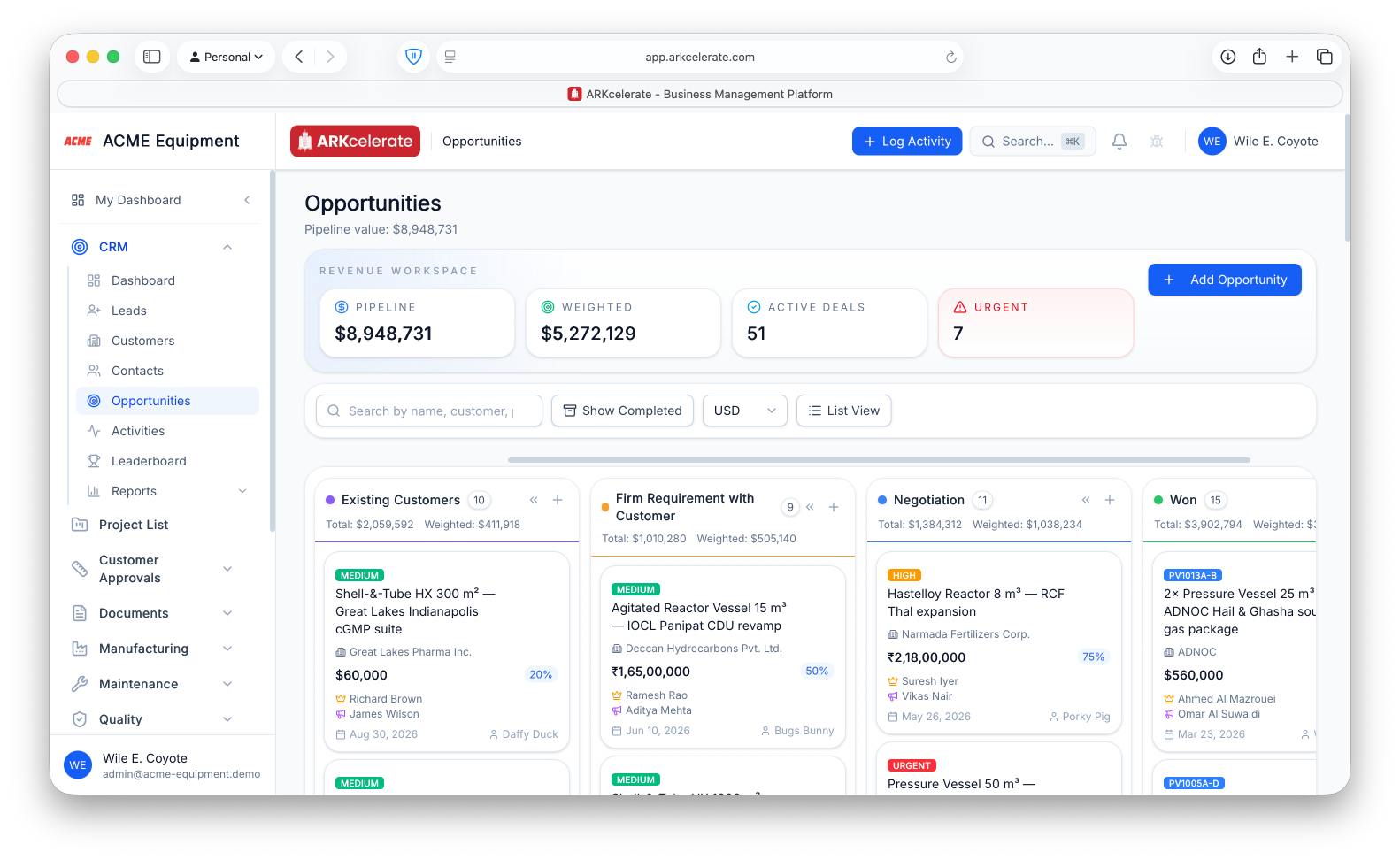Opportunity Kanban — drag across stages, weighted forecast updates in place, column totals at the top.