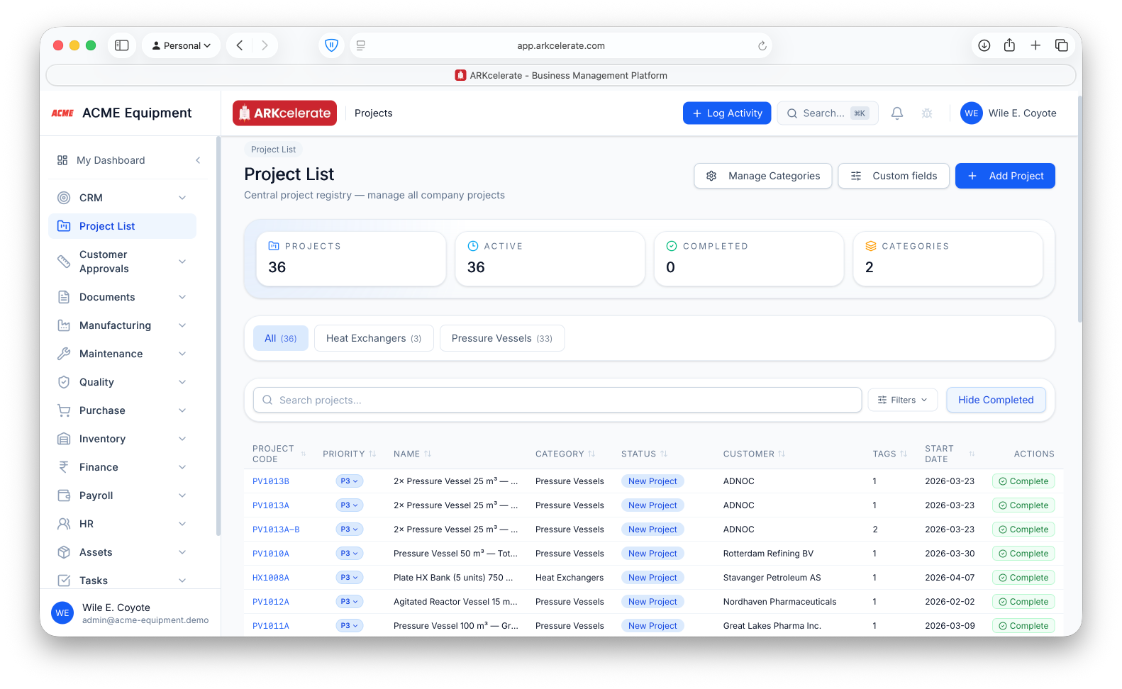 Project list — one project code per won deal, the spine every other module ties into.