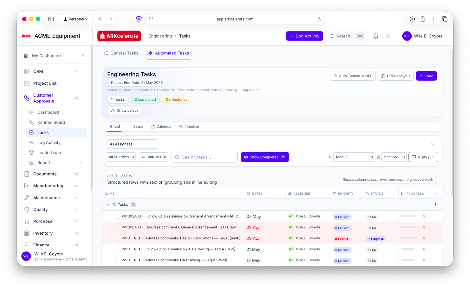 Automated Tasks tab — follow-ups and comment-addressal tasks auto-created per drawing, ready for the engineer.