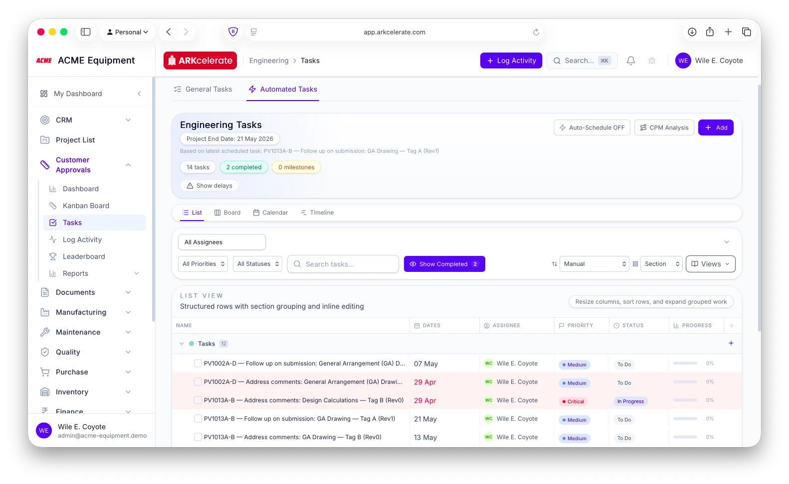 Automated Tasks tab — follow-ups and comment-addressal tasks auto-created per drawing, ready for the engineer.
