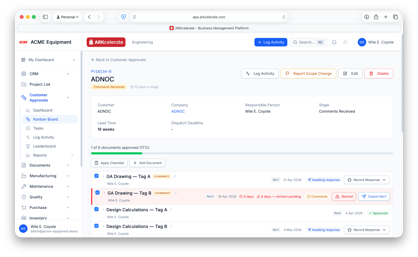 Project drilldown — every document, its revision, status, and the days it’s been waiting on the customer or on you.