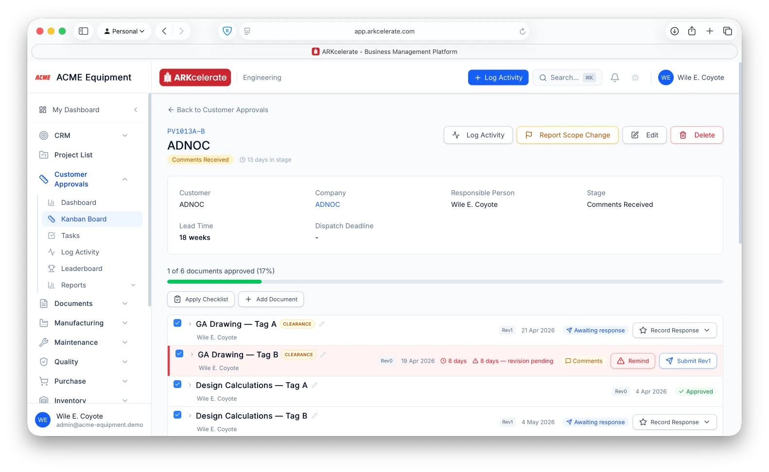 Project drilldown — every document, its revision, status, and the days it’s been waiting on the customer or on you.