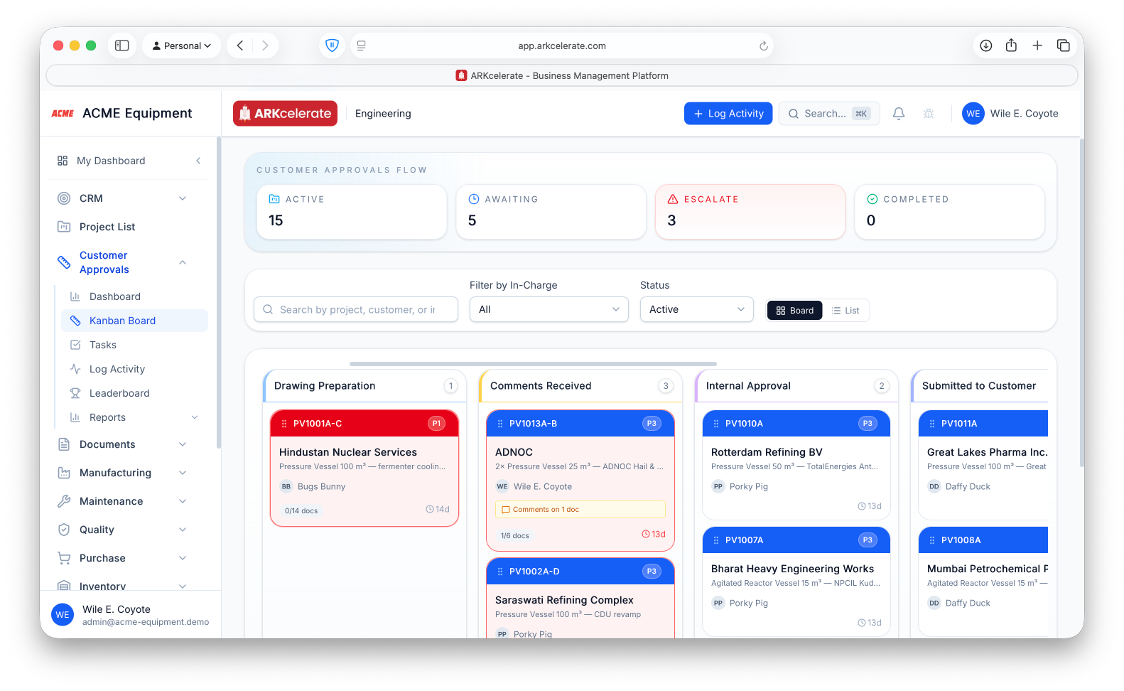 Customer Approvals Kanban — projects auto-advance with the workflow; an overdue project glows red.