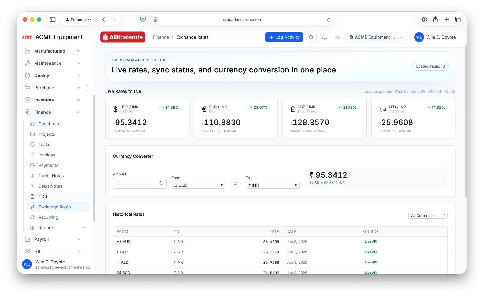 Exchange Rates — FX command center: live rates, converter and historical log.