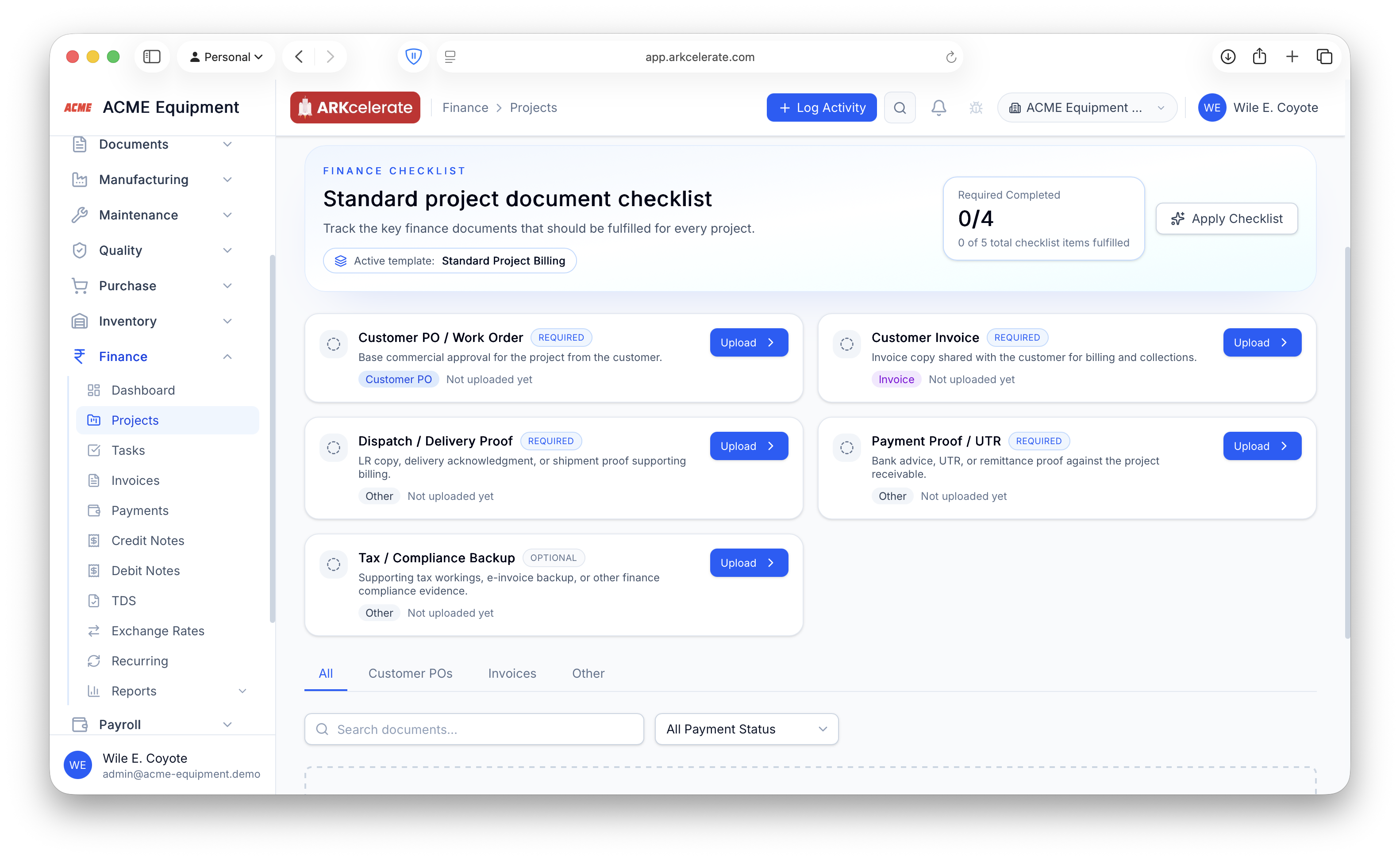 Finance project documents — PO, invoice, dispatch & payment proof, with a per-project completion checklist.