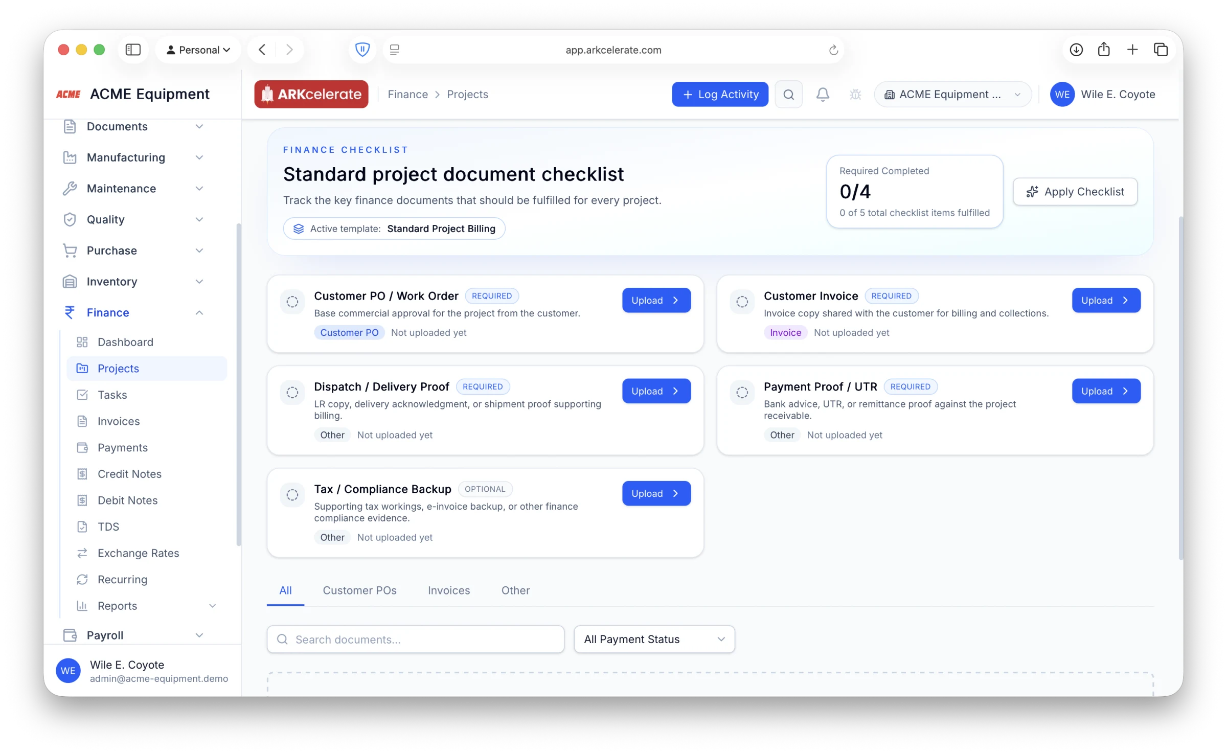 Finance project documents — PO, invoice, dispatch & payment proof, with a per-project completion checklist.