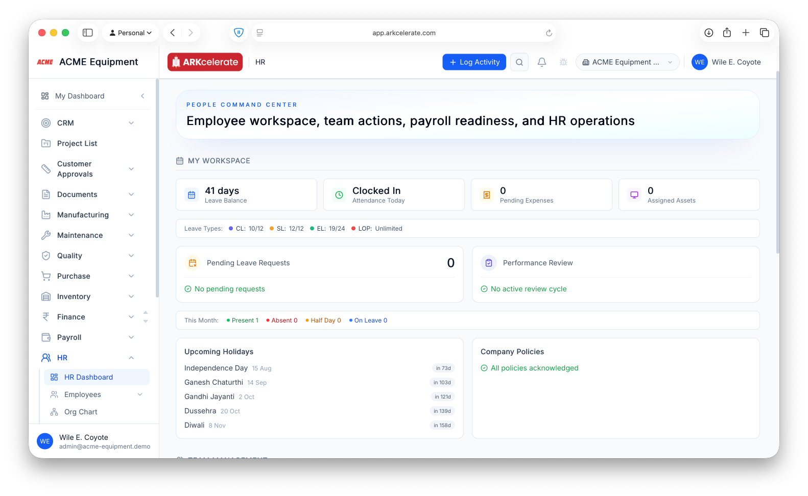 HR command center — leave balances, attendance, pending approvals, upcoming holidays and policies on one screen.