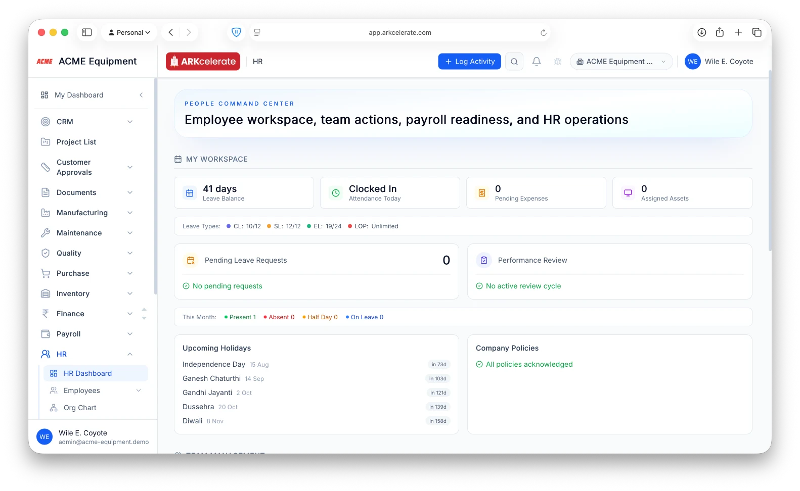 HR command center — leave balances, attendance, pending approvals, upcoming holidays and policies on one screen.