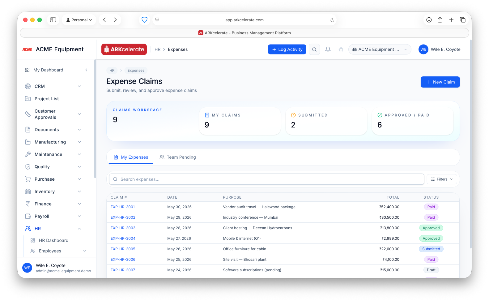 Expense Claims — workspace counters, My Expenses and the team approval queue.