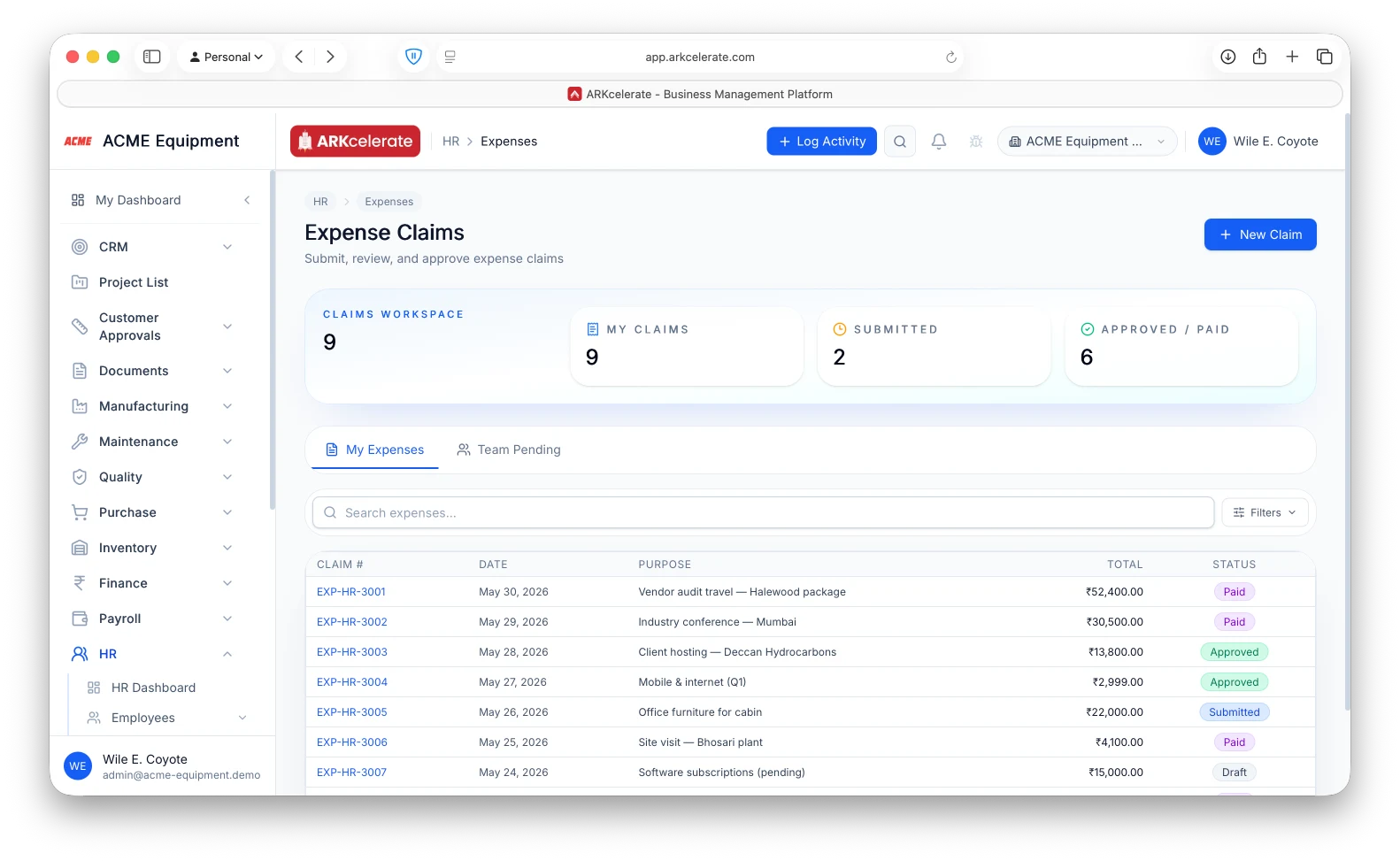 Expense Claims — workspace counters, My Expenses and the team approval queue.