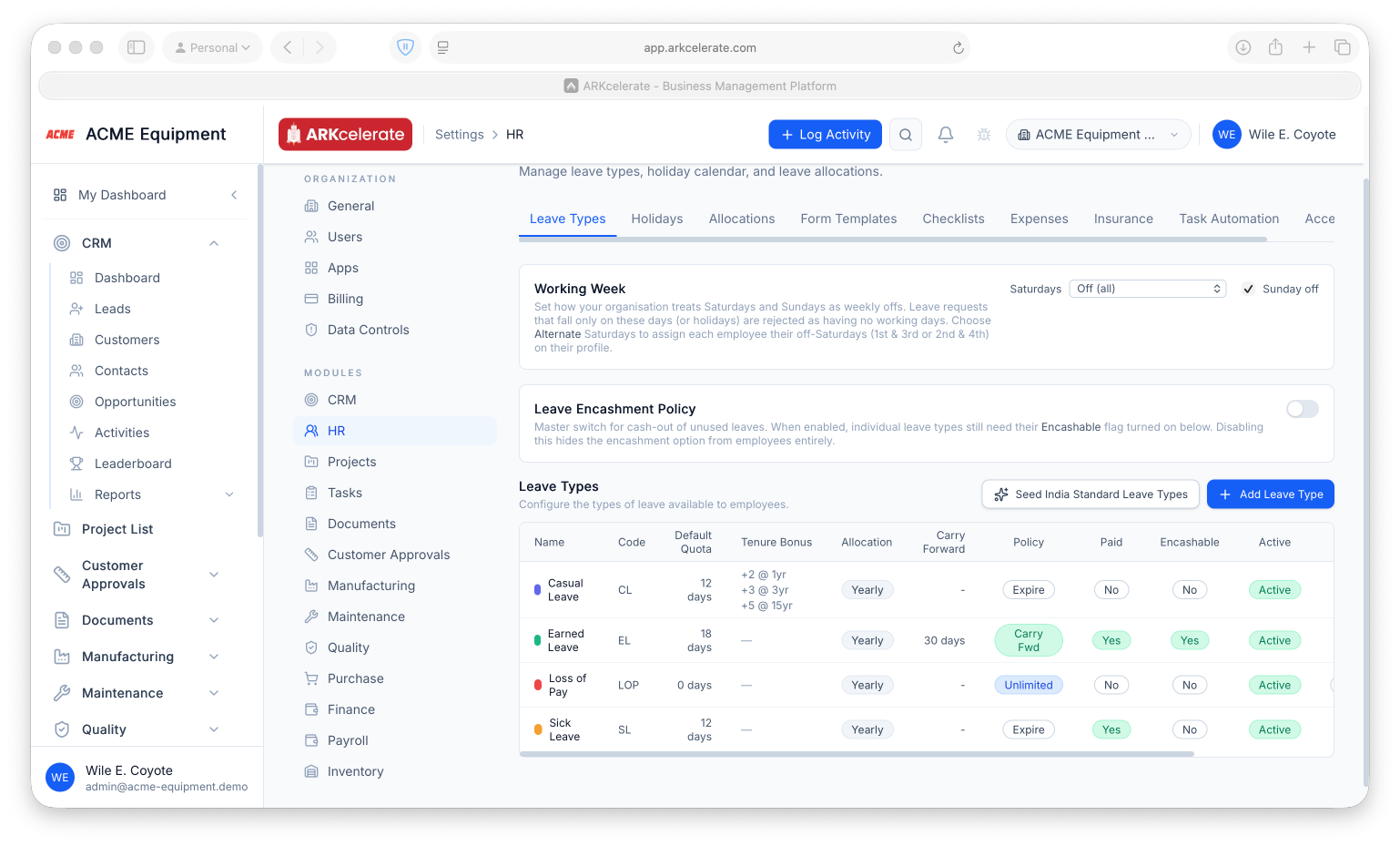 Leave Types — tenure-bonus slabs and yearly auto-allocation per leave type.