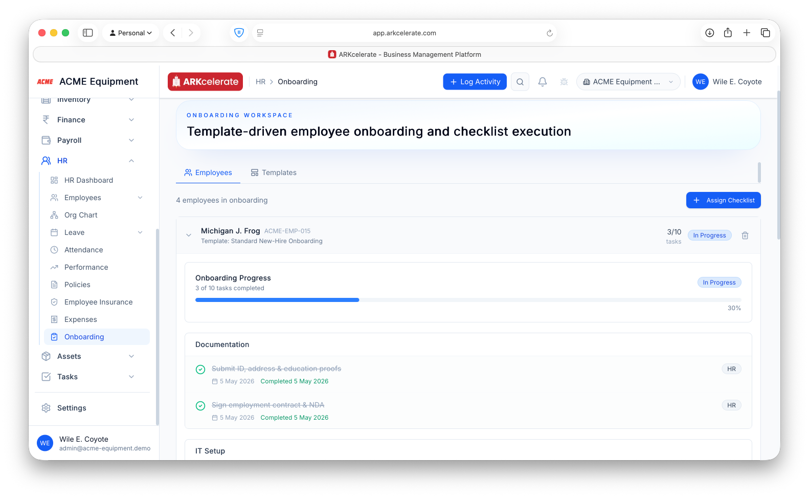 Onboarding checklist — live progress bar and per-item completion by category.