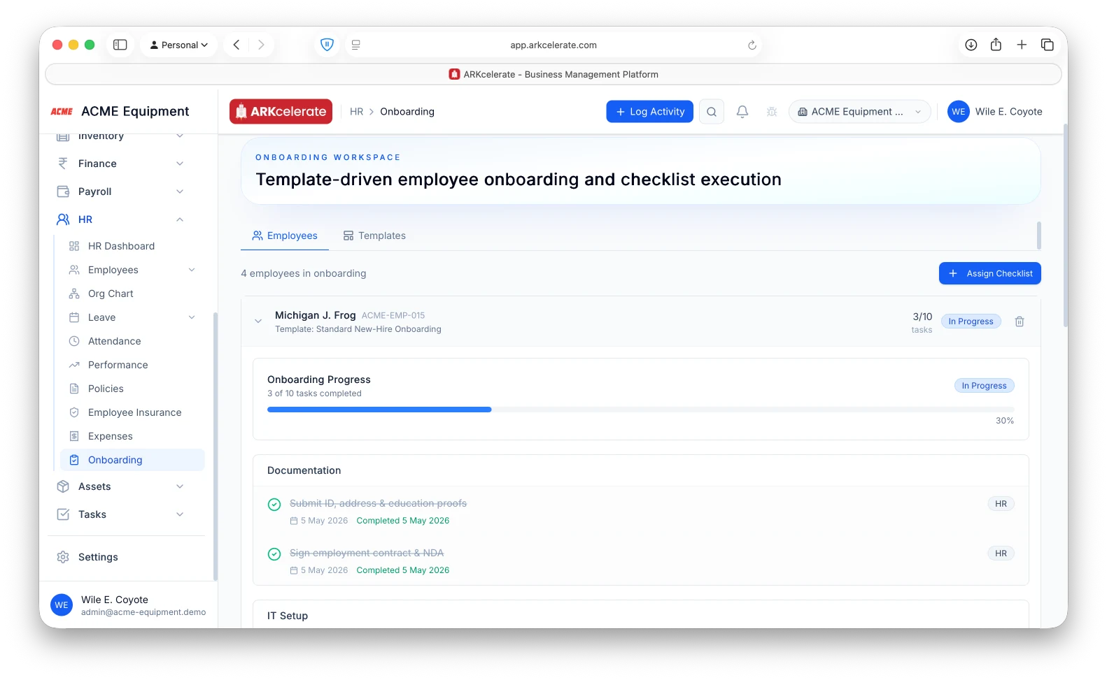 Onboarding checklist — live progress bar and per-item completion by category.