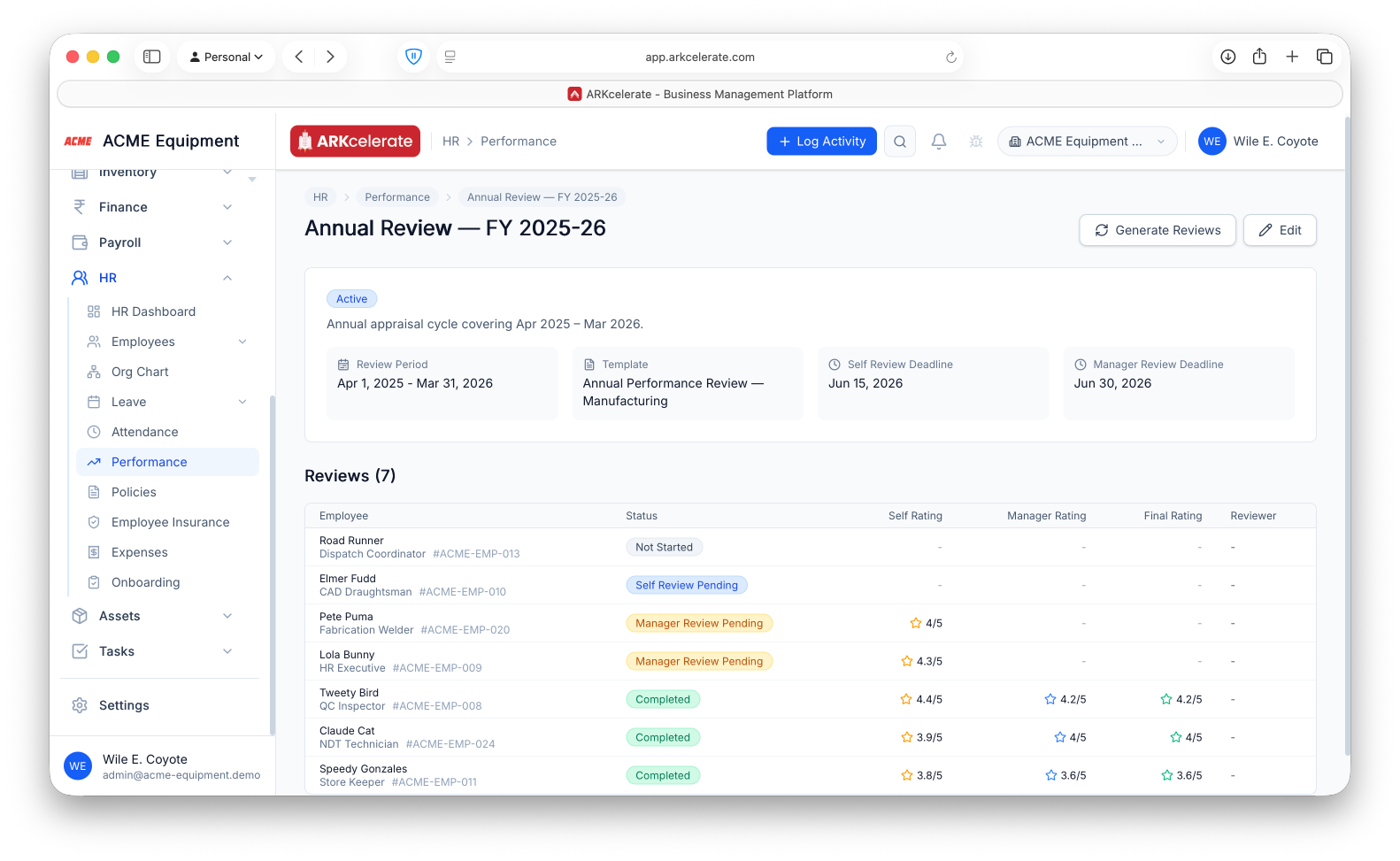 Review cycle — per-employee status, self/manager/final ratings and reviewer.