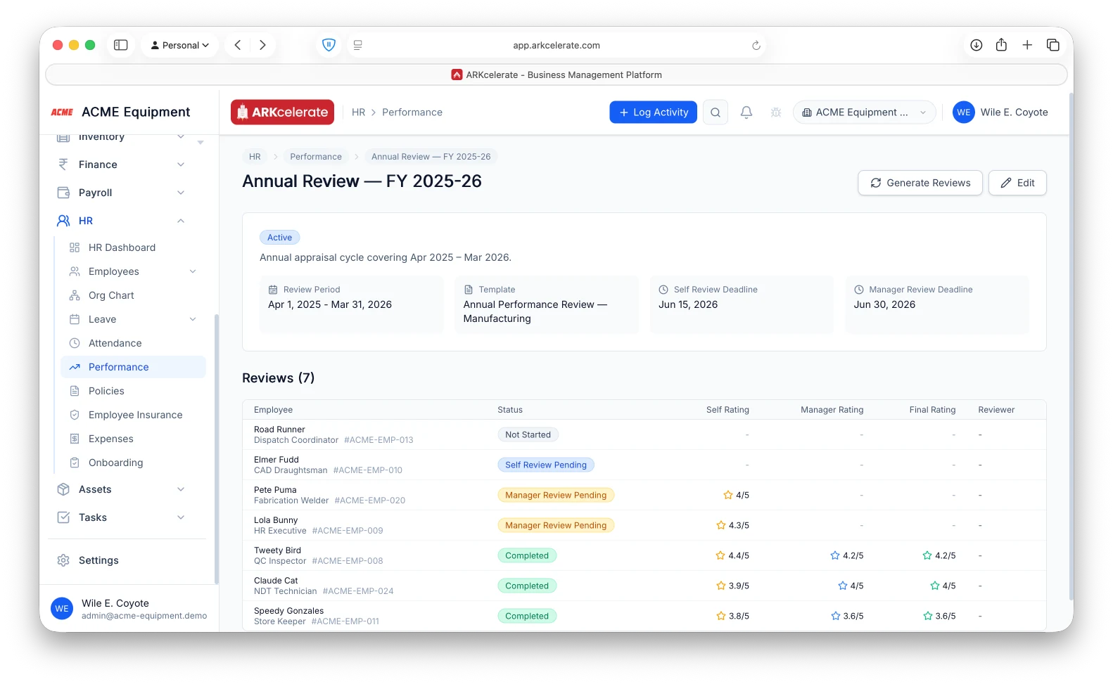 Review cycle — per-employee status, self/manager/final ratings and reviewer.