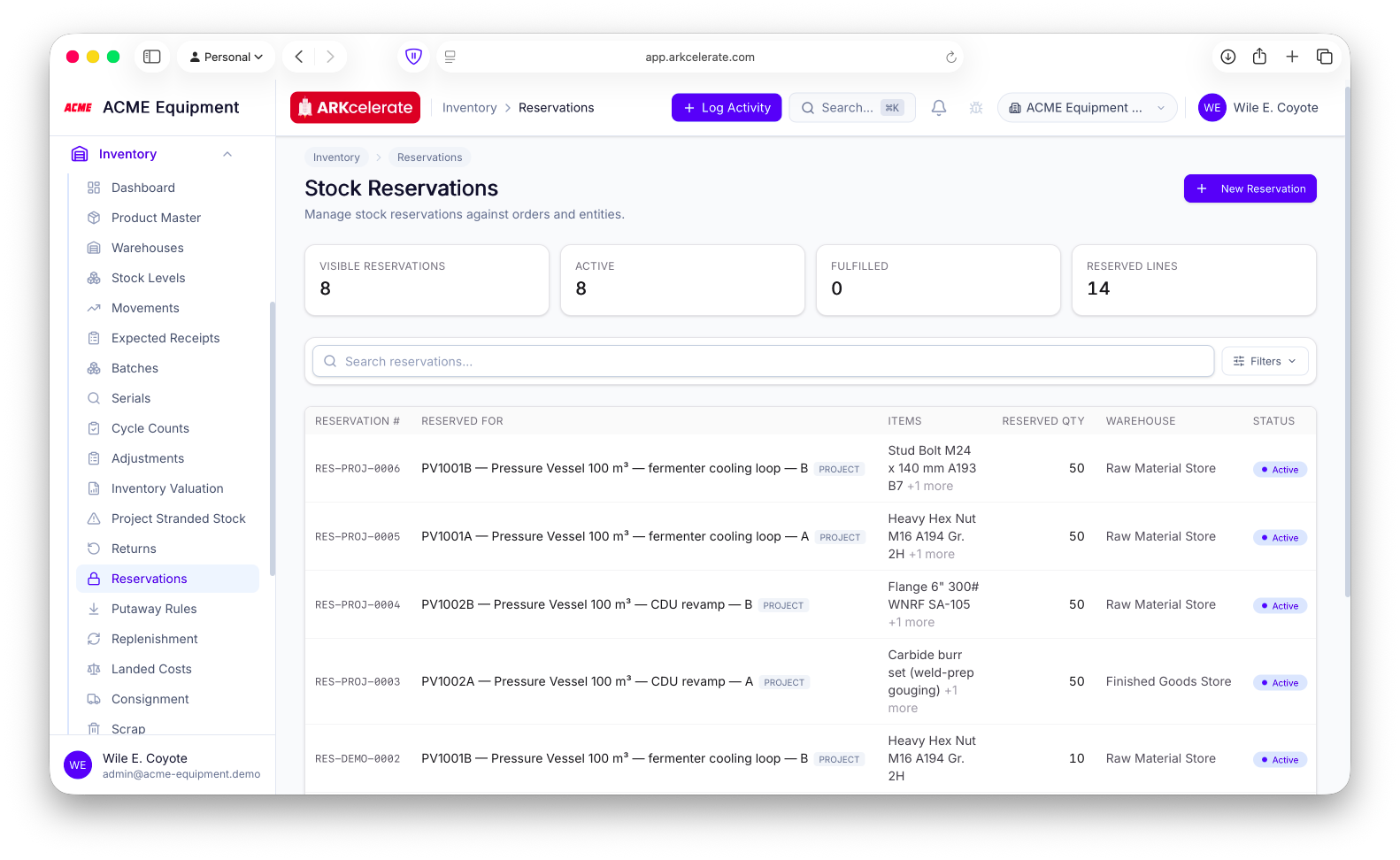 Stock Reservations — each one ring-fenced to a project, with the items and quantity reserved.