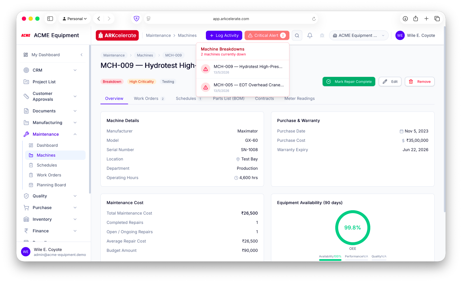 A down machine — flagged in the topbar alert, status “Breakdown”, with repair cost, availability and one-click “Mark Repair Complete”.