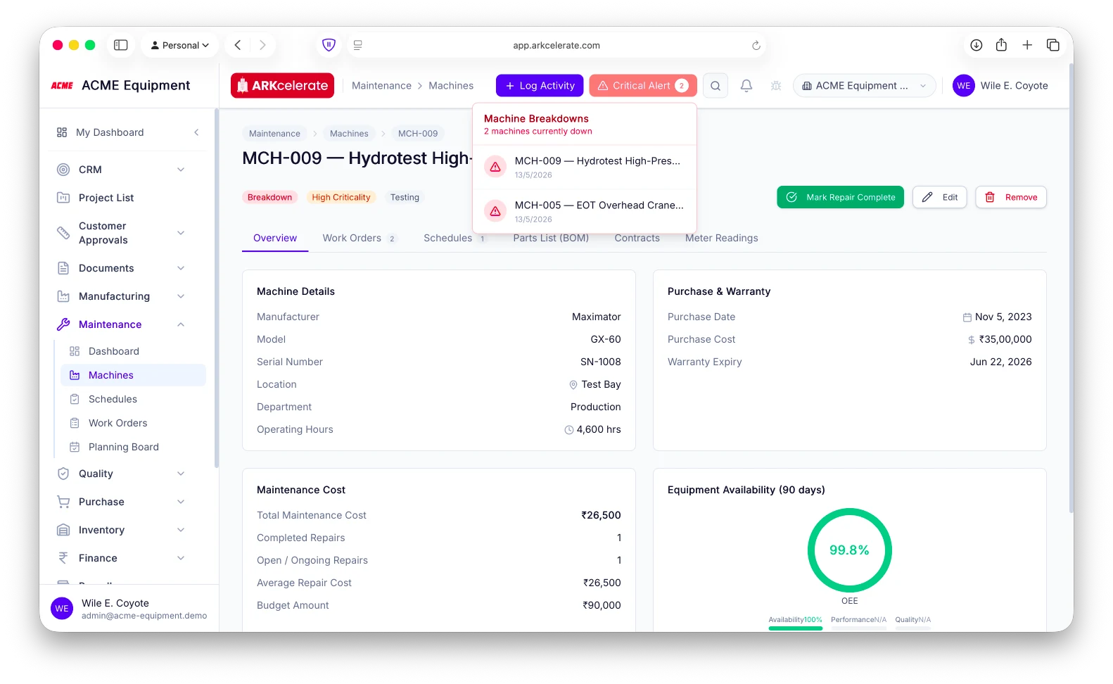 A down machine — flagged in the topbar alert, status “Breakdown”, with repair cost, availability and one-click “Mark Repair Complete”.