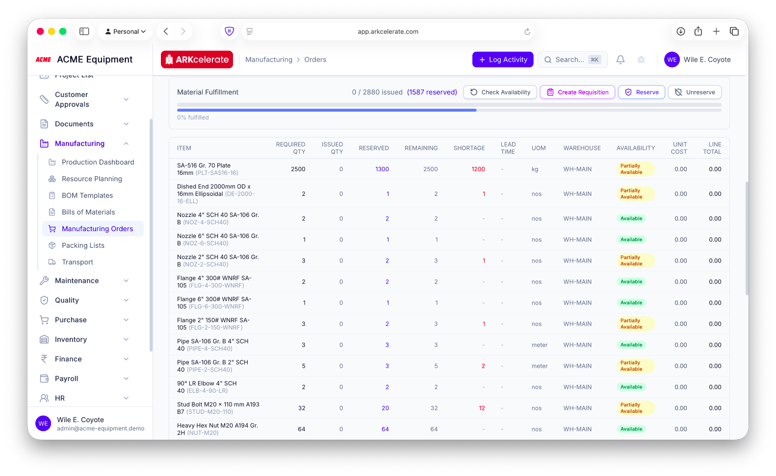Manufacturing Order — Material Fulfillment panel: required / reserved / remaining / shortage per BOM line, then one-click Create Requisition.