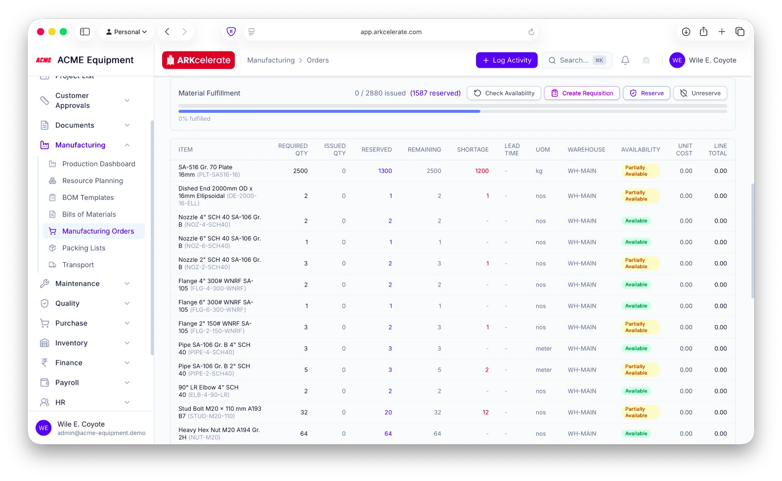 Manufacturing Order — Material Fulfillment panel: required / reserved / remaining / shortage per BOM line, then one-click Create Requisition.