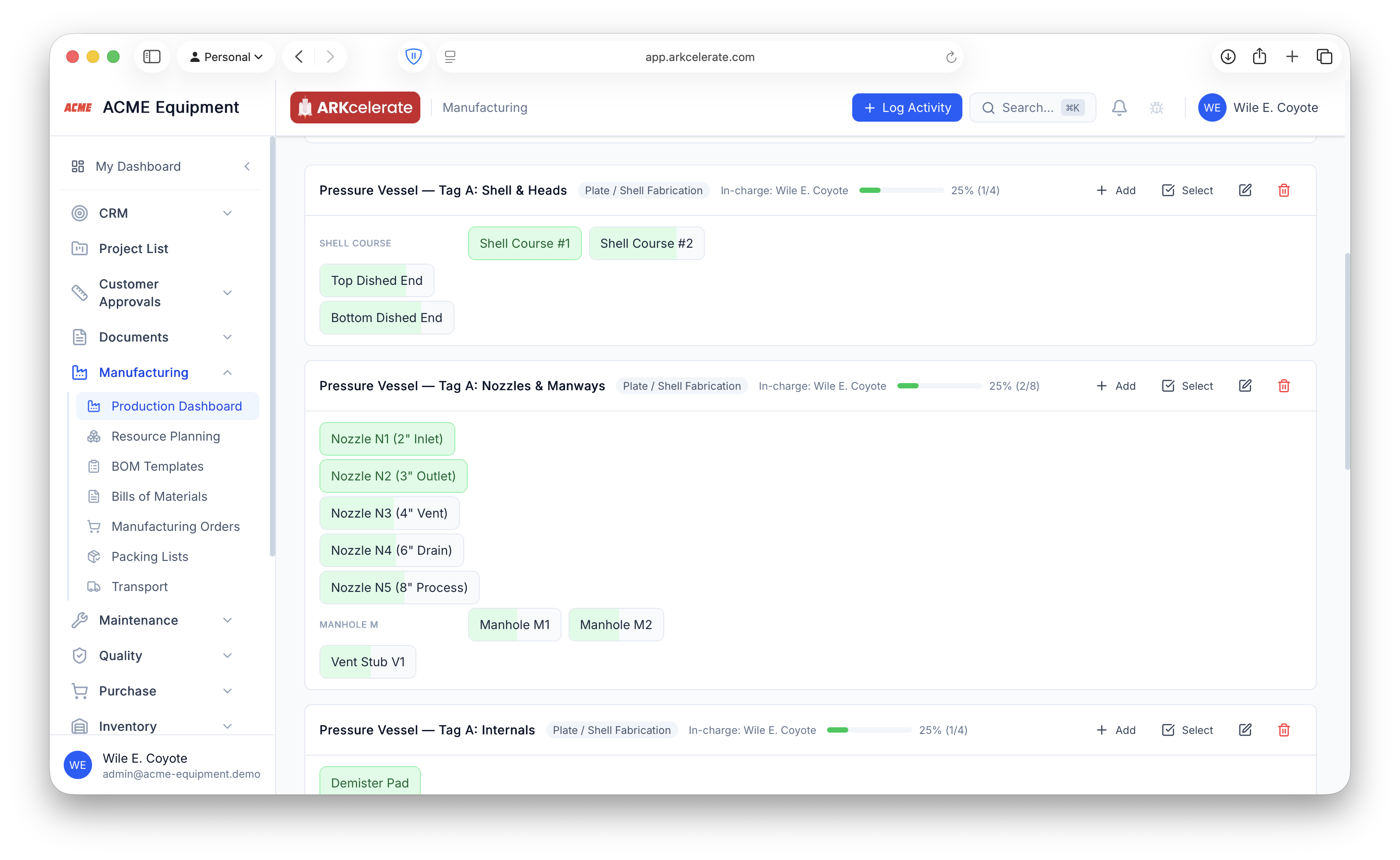 Per-project component status — sections, tiles, live progress fill, per-section in-charge.