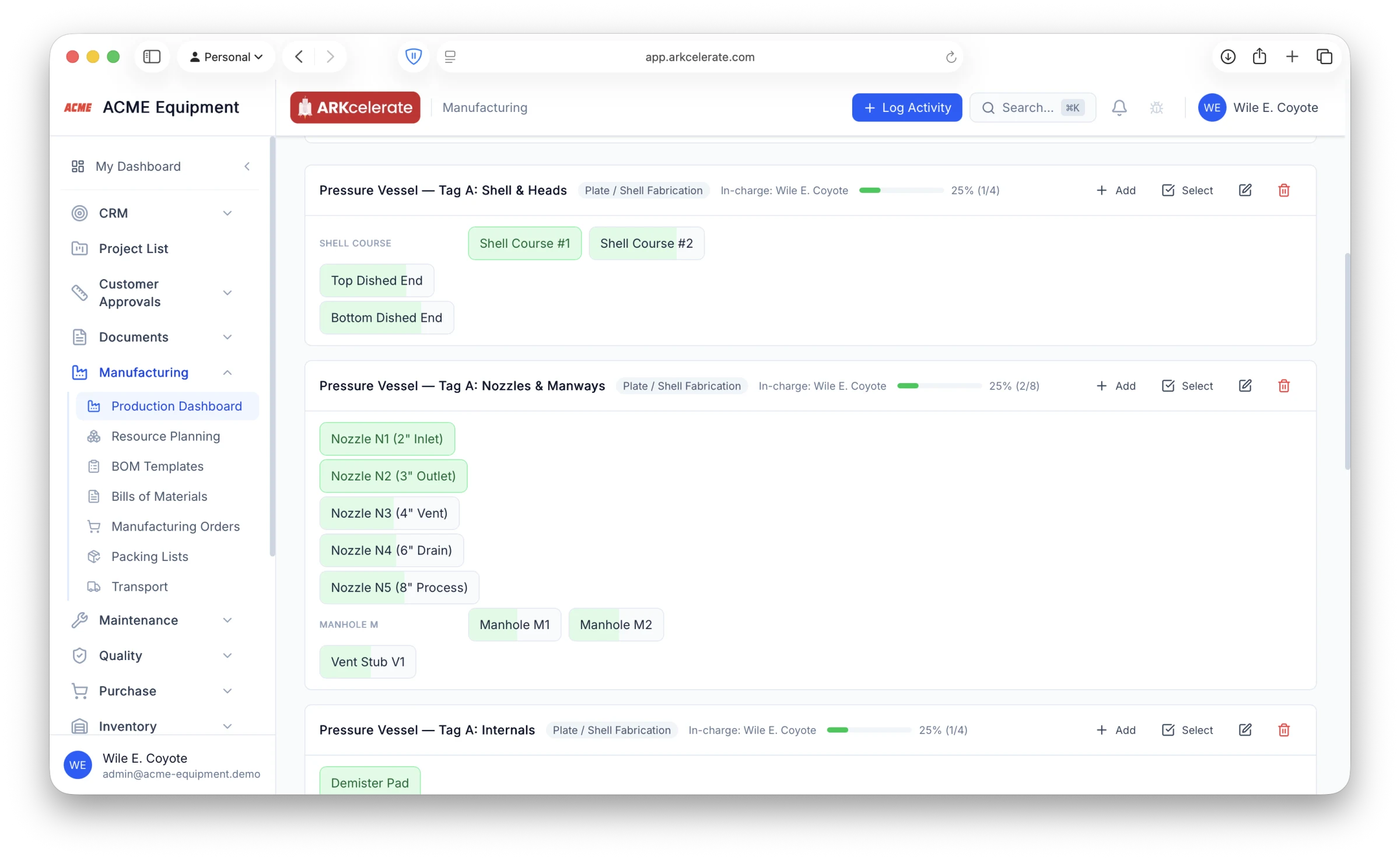 Per-project component status — sections, tiles, live progress fill, per-section in-charge.