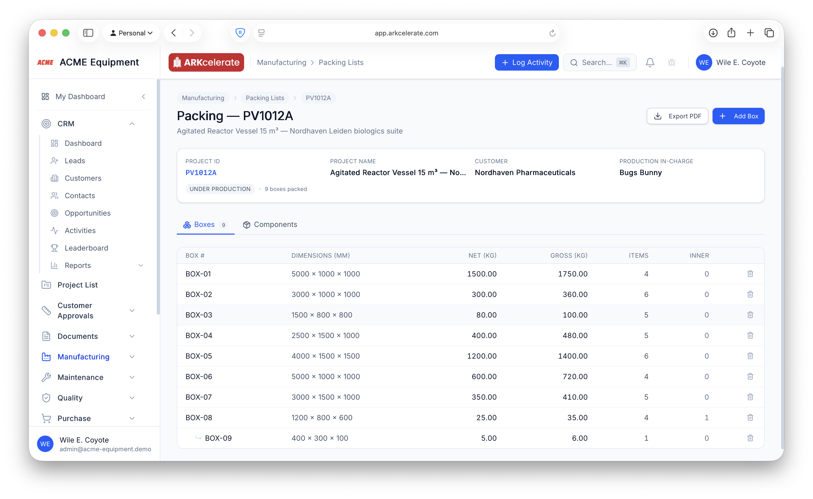 Packing List — boxes table with nested inner box, weights, dimensions, Export PDF.