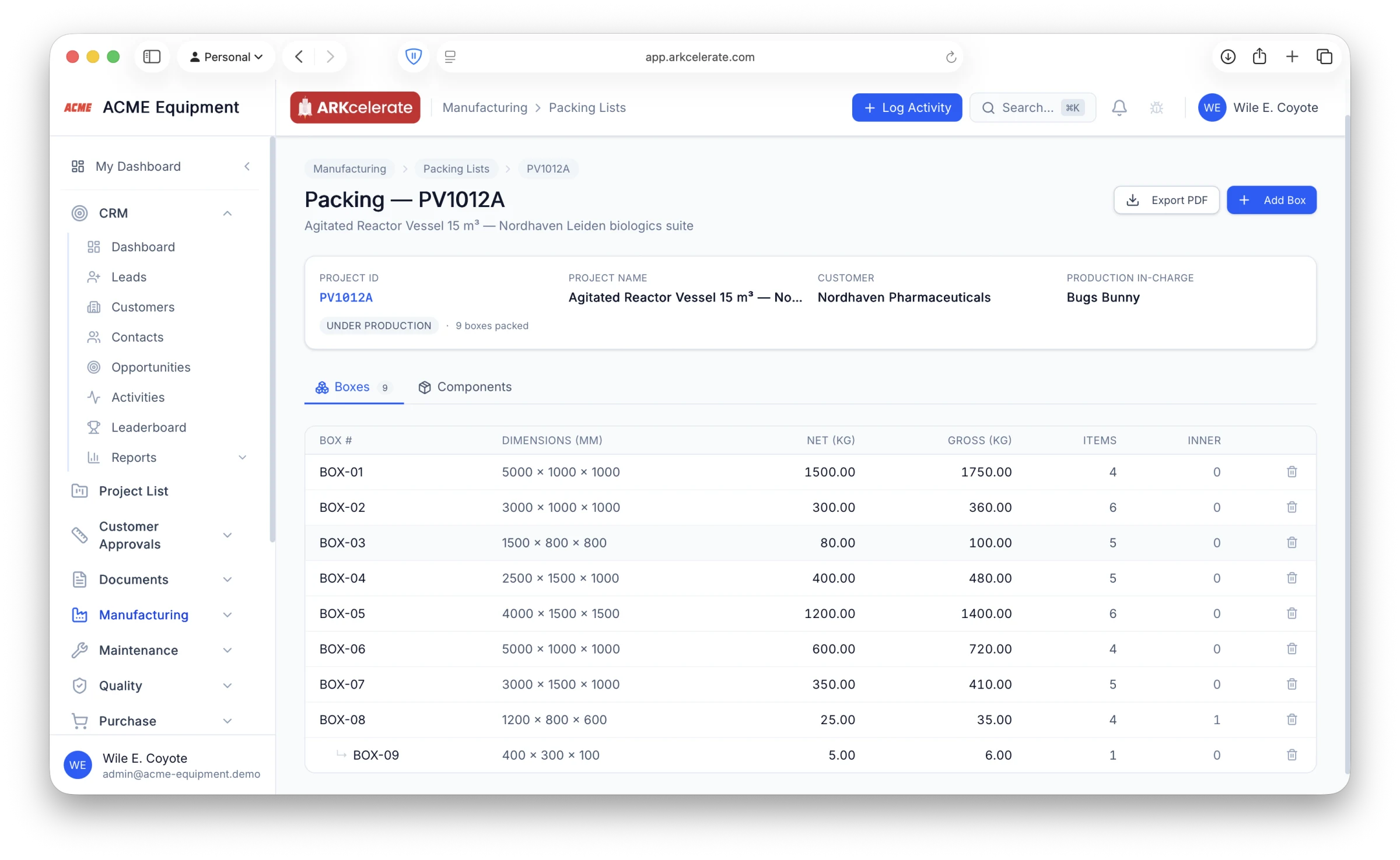 Packing List — boxes table with nested inner box, weights, dimensions, Export PDF.