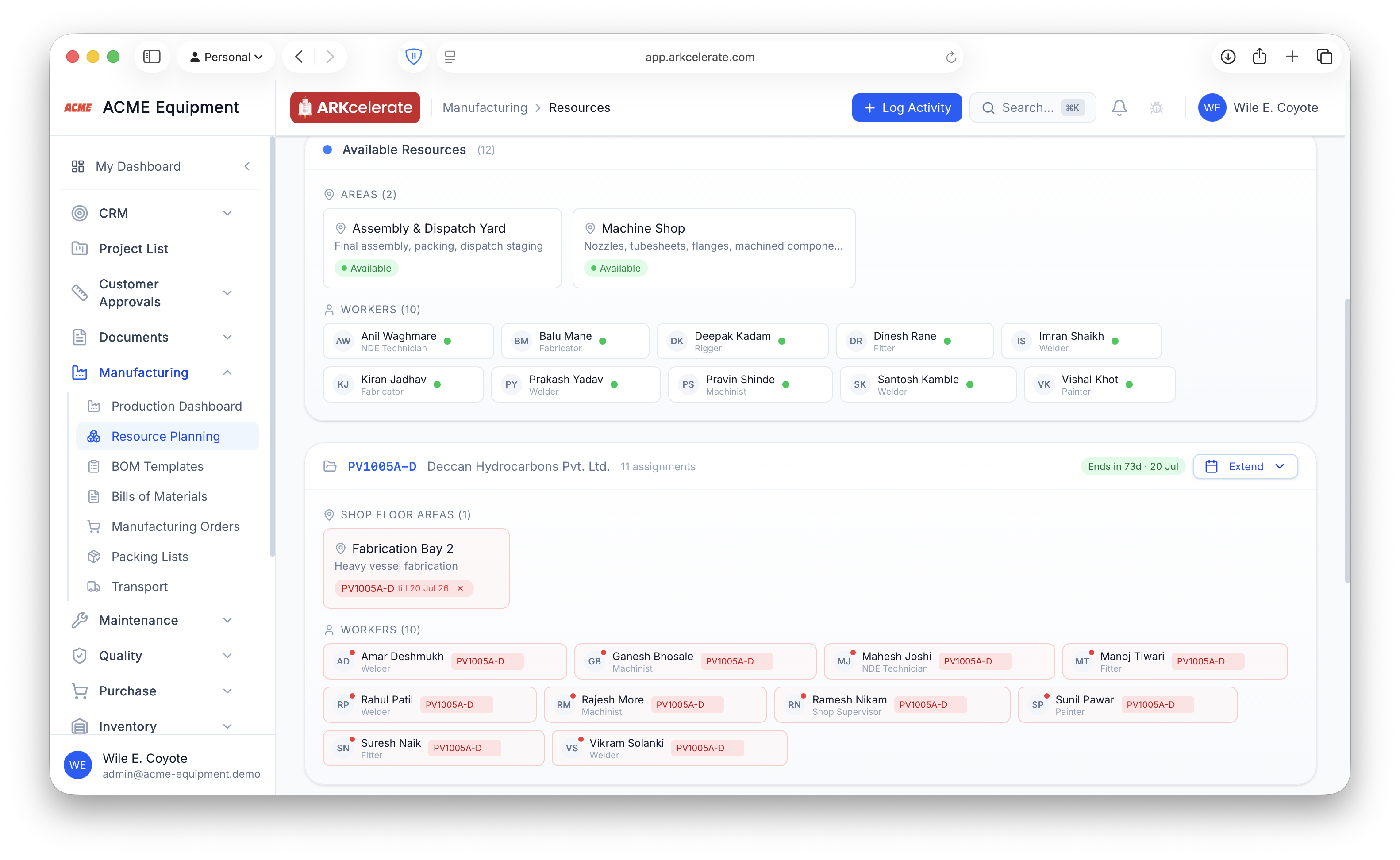 Resource Planning — available resources at the top, per-project assignments below.