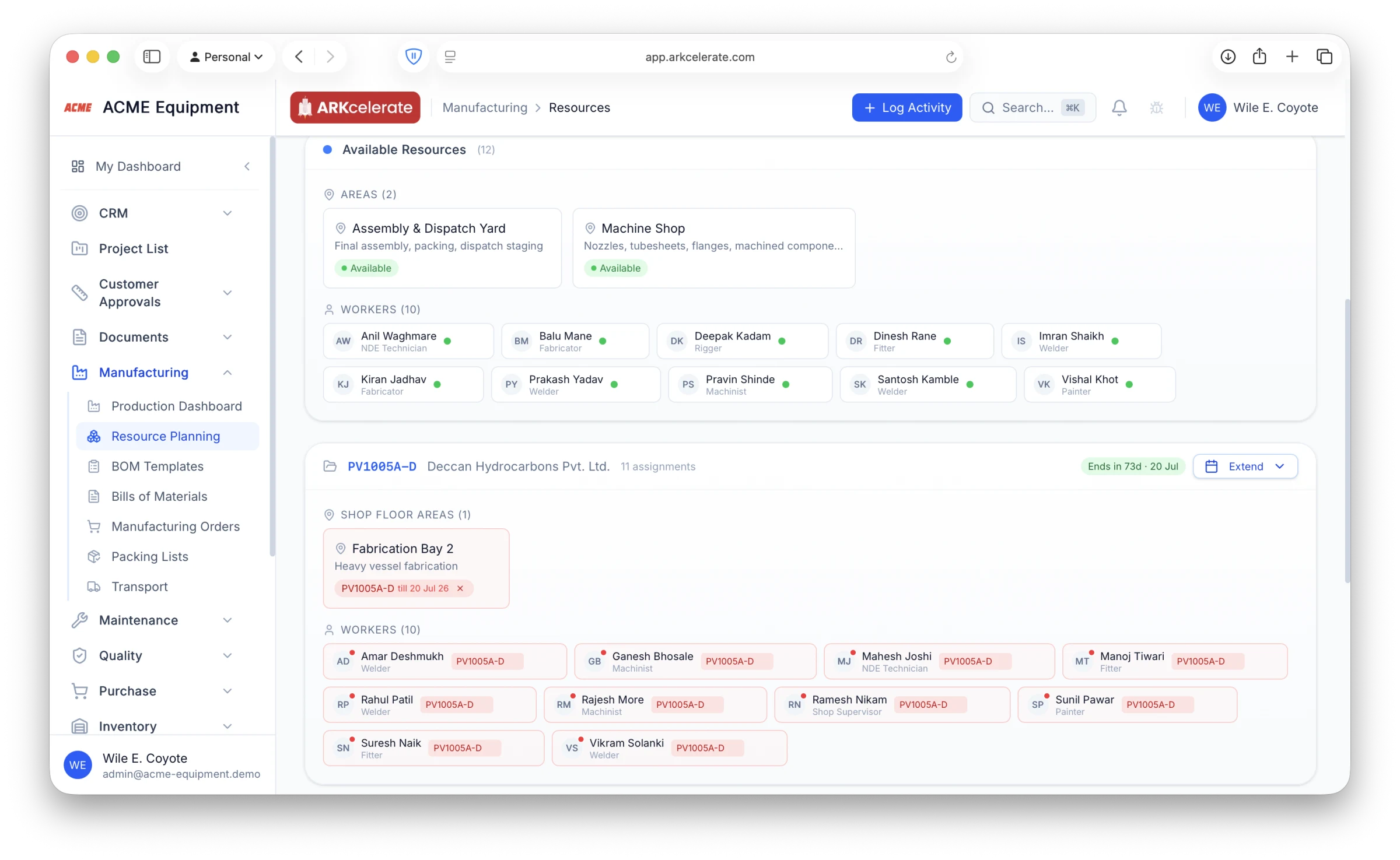 Resource Planning — available resources at the top, per-project assignments below.