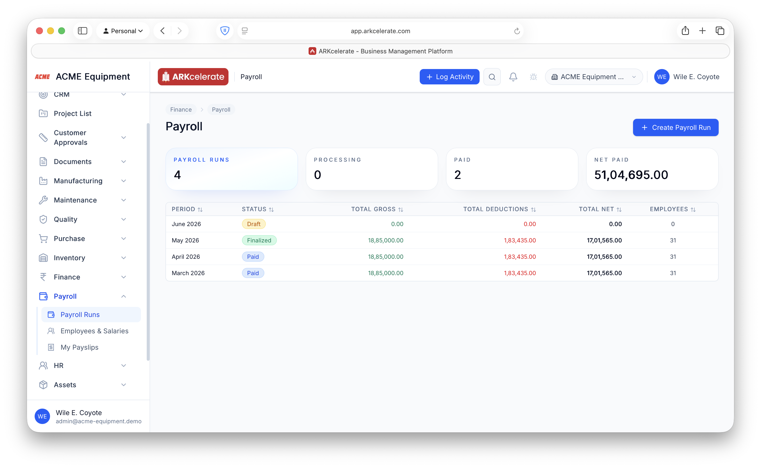 Payroll runs — run count, processing, paid and net-paid up top; each period by status with gross, deductions, net and headcount.