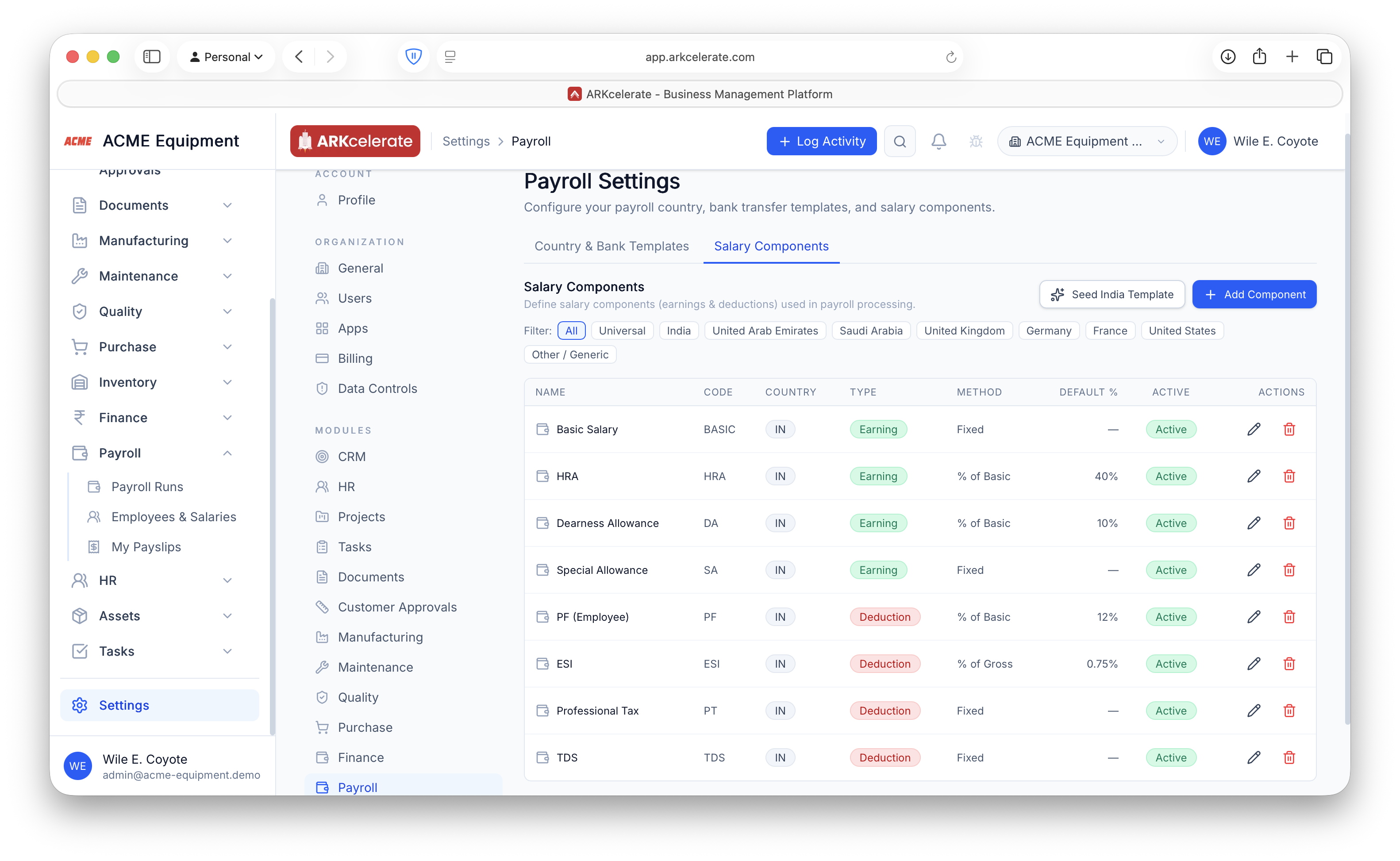 Salary Components — define earnings and deductions, their calculation method and default rate, per country.