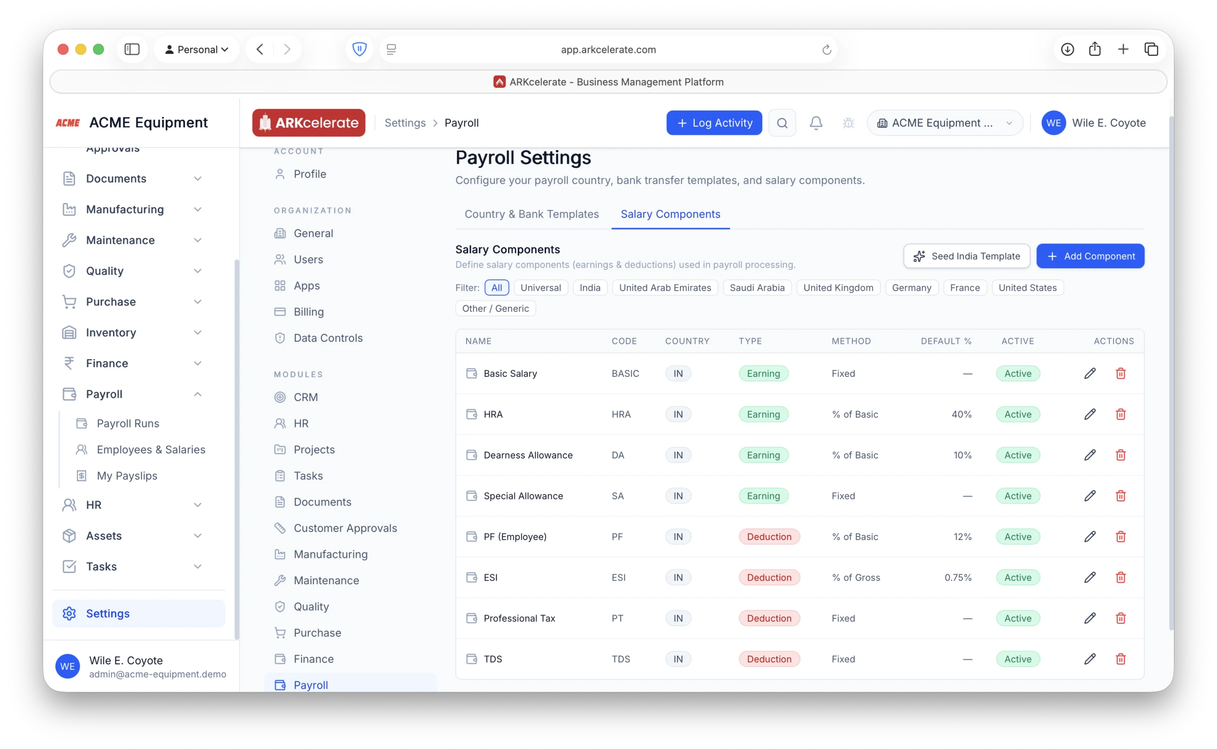 Salary Components — define earnings and deductions, their calculation method and default rate, per country.