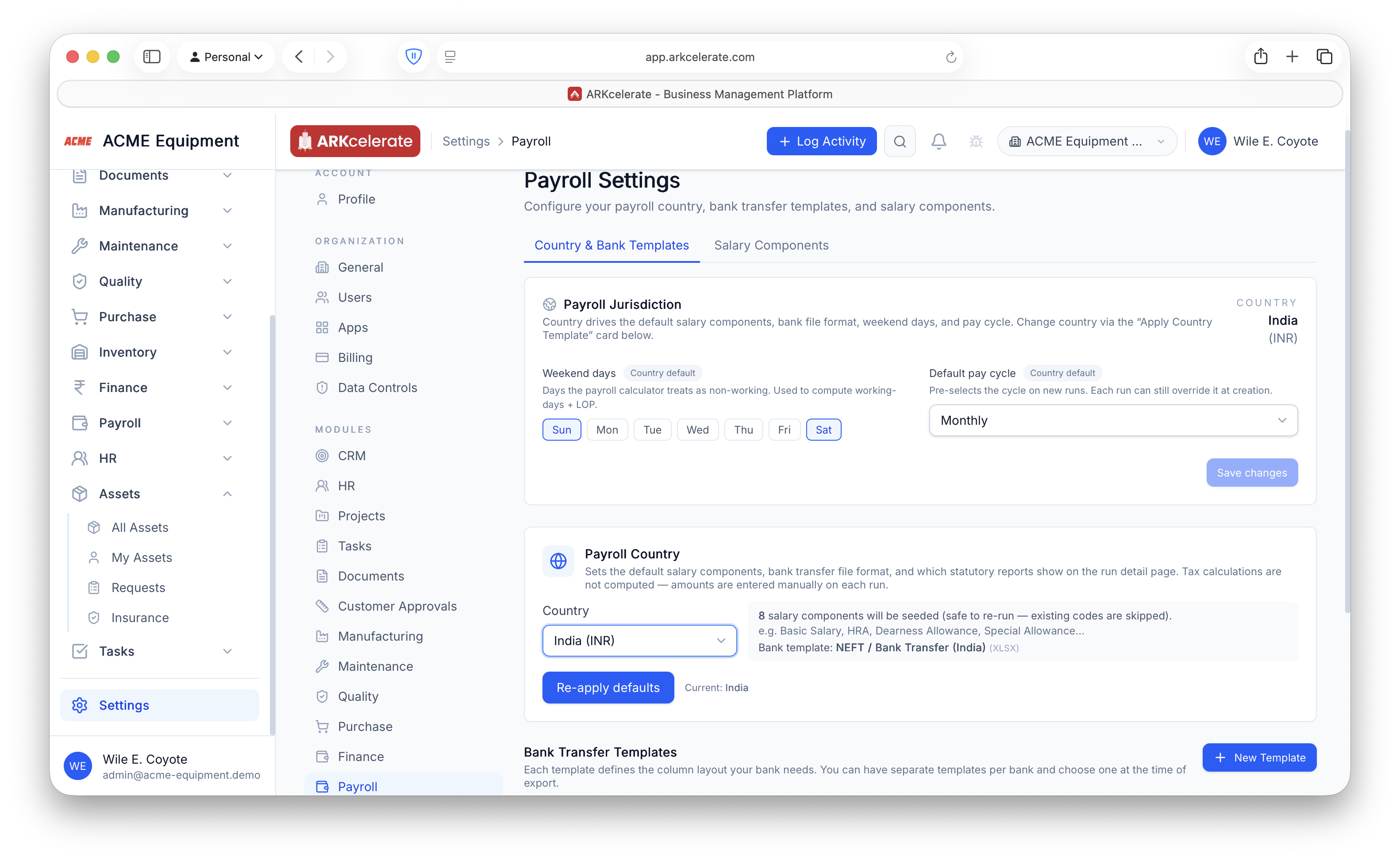 Payroll Settings — country jurisdiction (weekend days, pay cycle) plus custom bank-transfer templates that export to Excel/CSV.