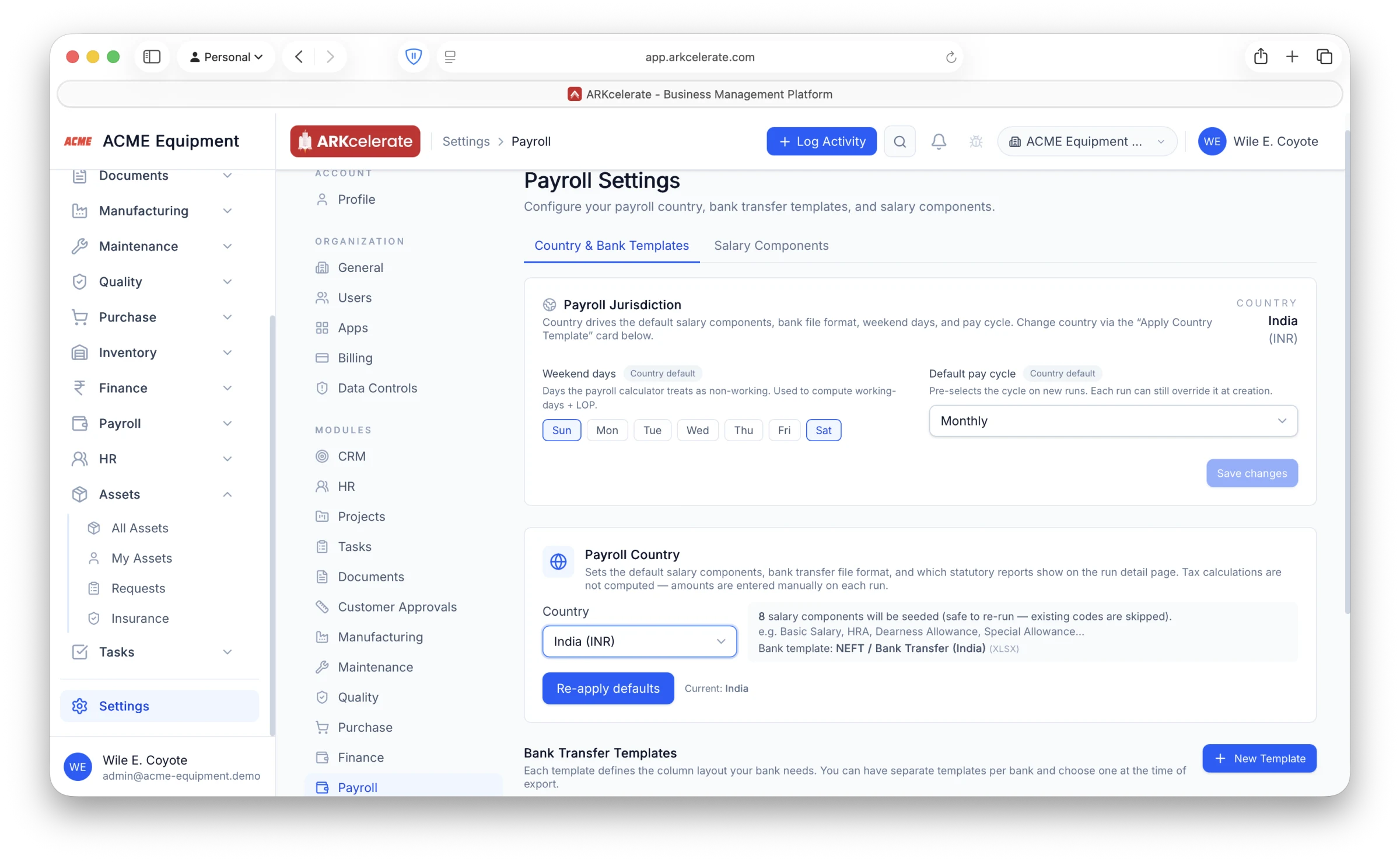 Payroll Settings — country jurisdiction (weekend days, pay cycle) plus custom bank-transfer templates that export to Excel/CSV.