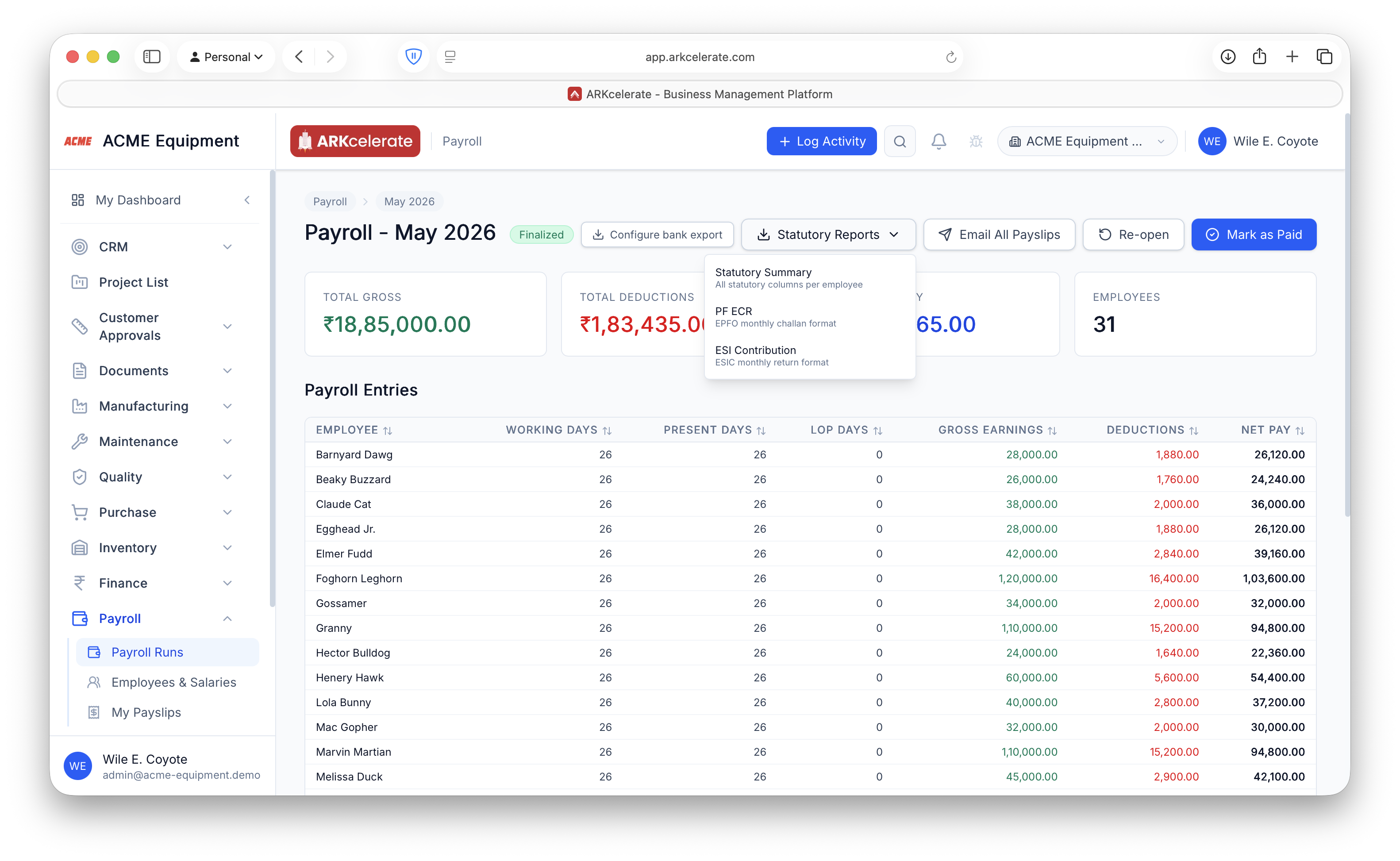 Statutory exports — PF ECR (EPFO challan format), ESI contribution (ESIC return format) and a full statutory summary, generated from the run.
