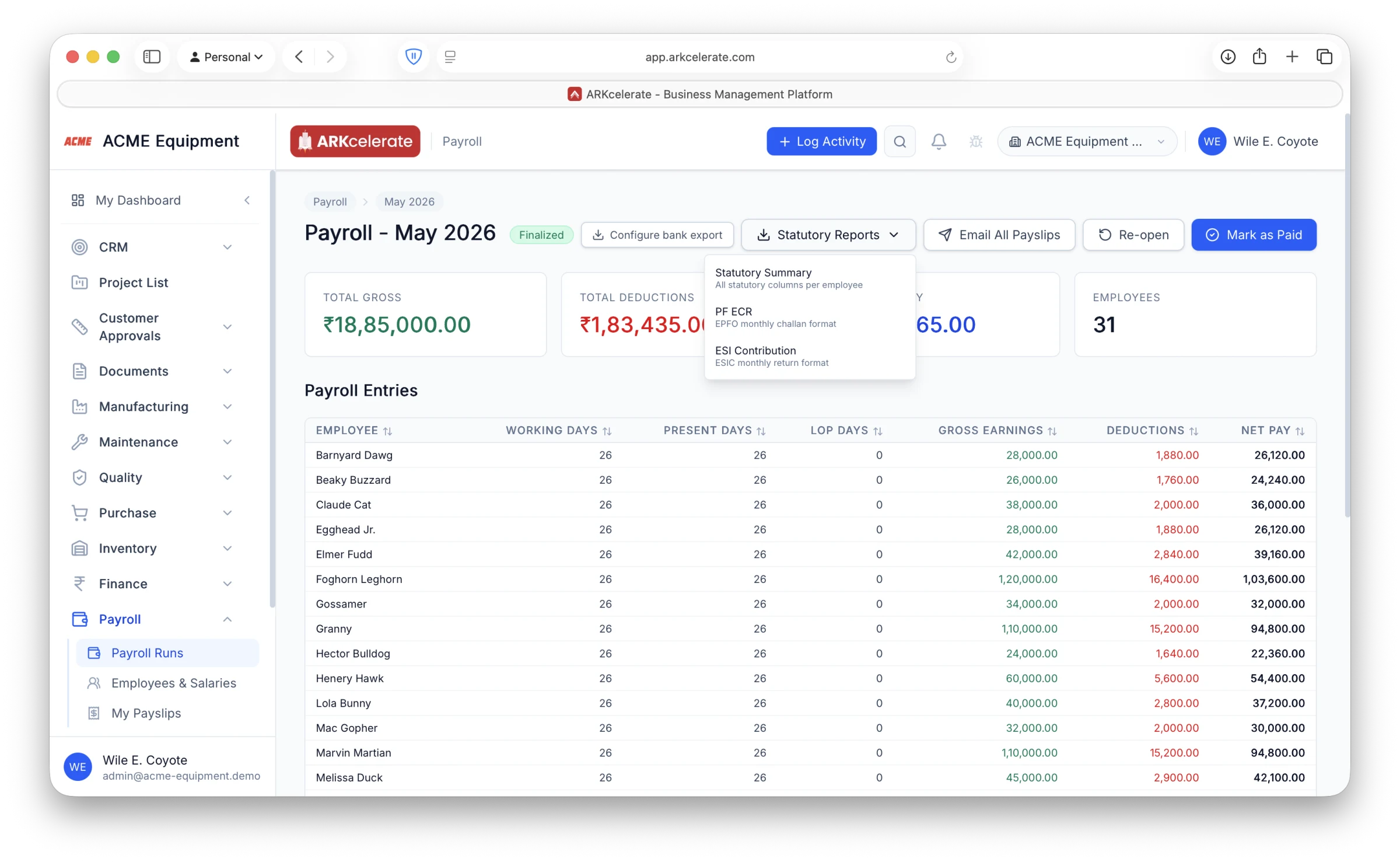 Statutory exports — PF ECR (EPFO challan format), ESI contribution (ESIC return format) and a full statutory summary, generated from the run.