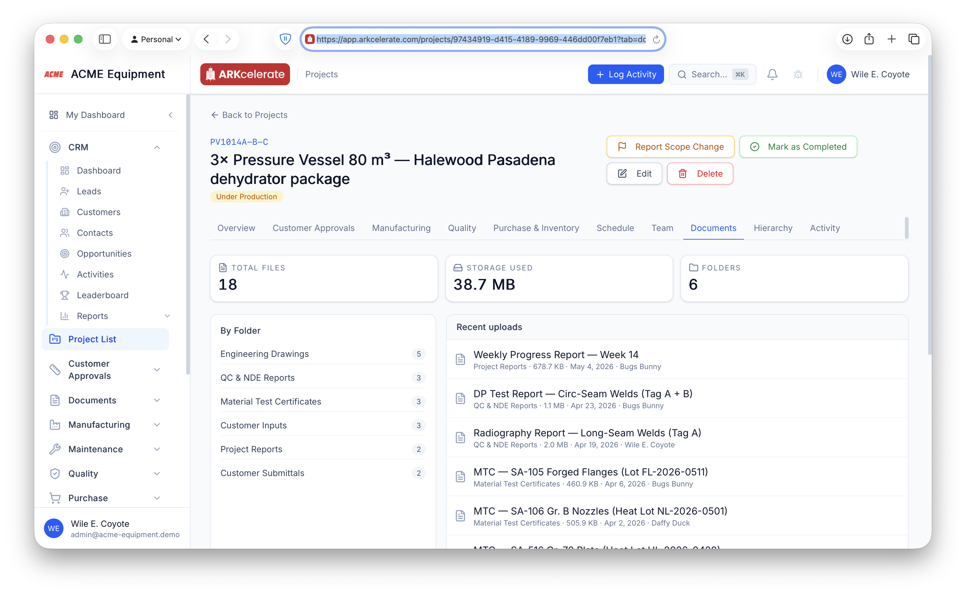 Project → Documents tab — every doc the project ever touched, filed against the same Project ID.