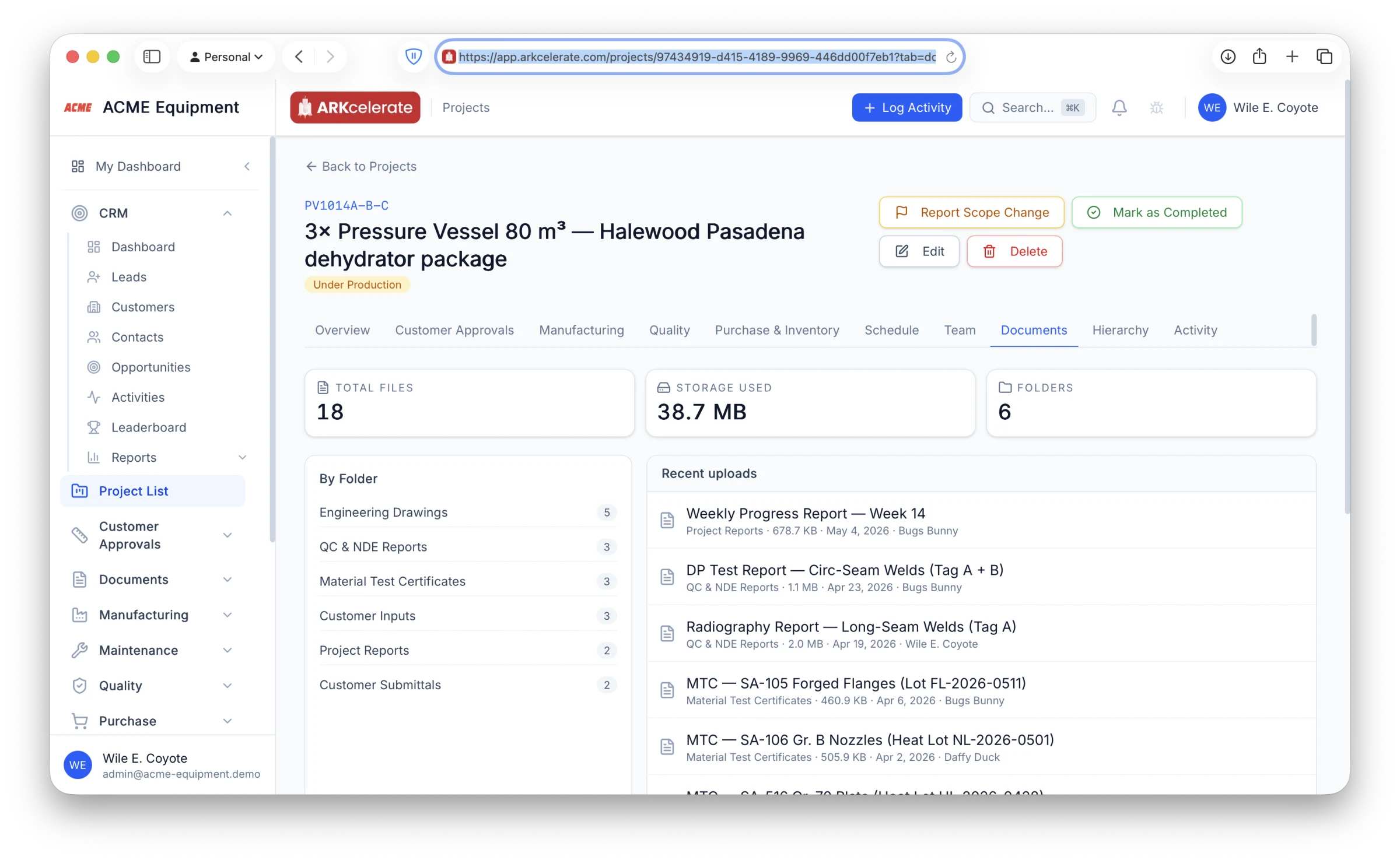 Project → Documents tab — every doc the project ever touched, filed against the same Project ID.