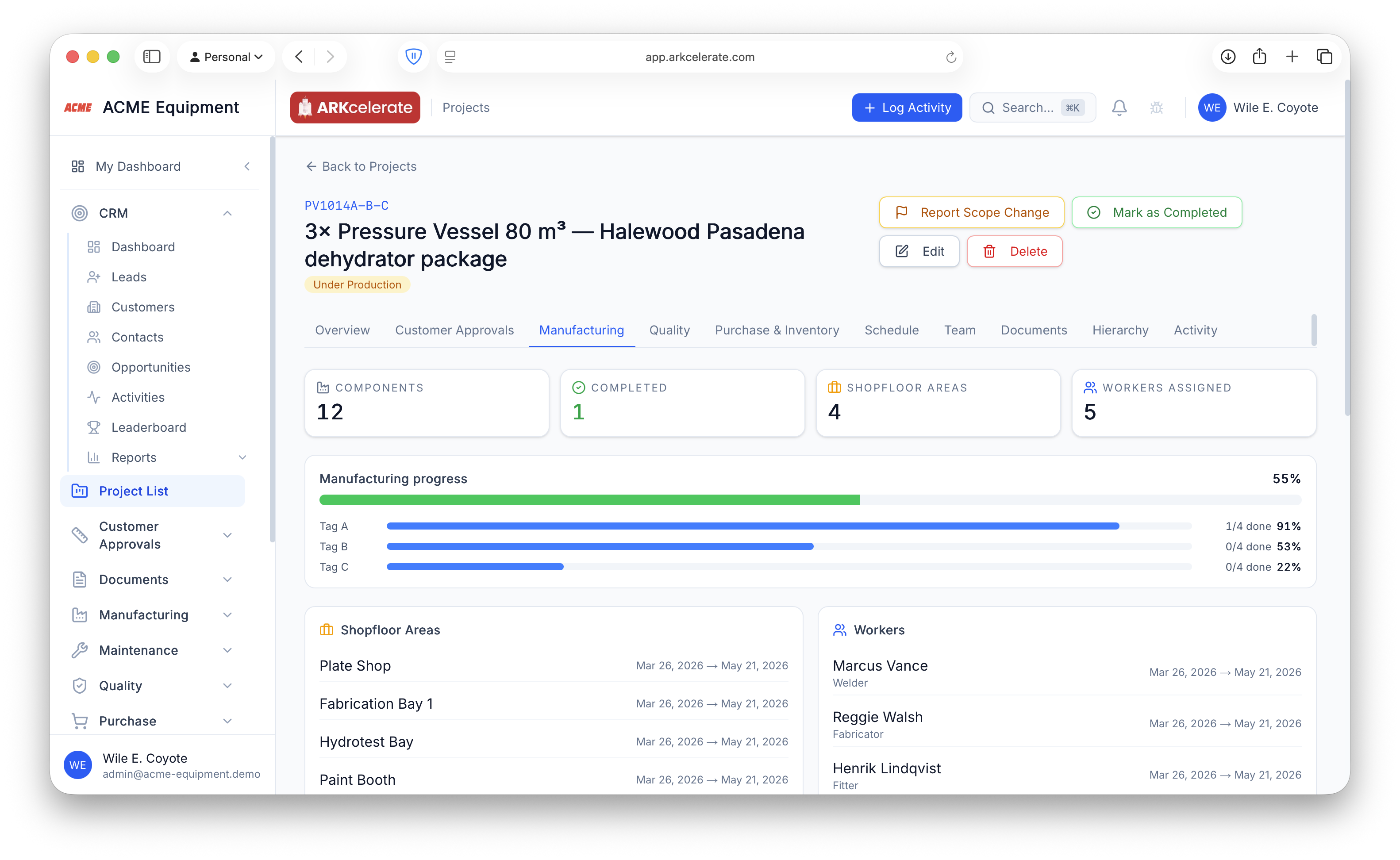 Project → Manufacturing tab — components, progress, areas and workers.