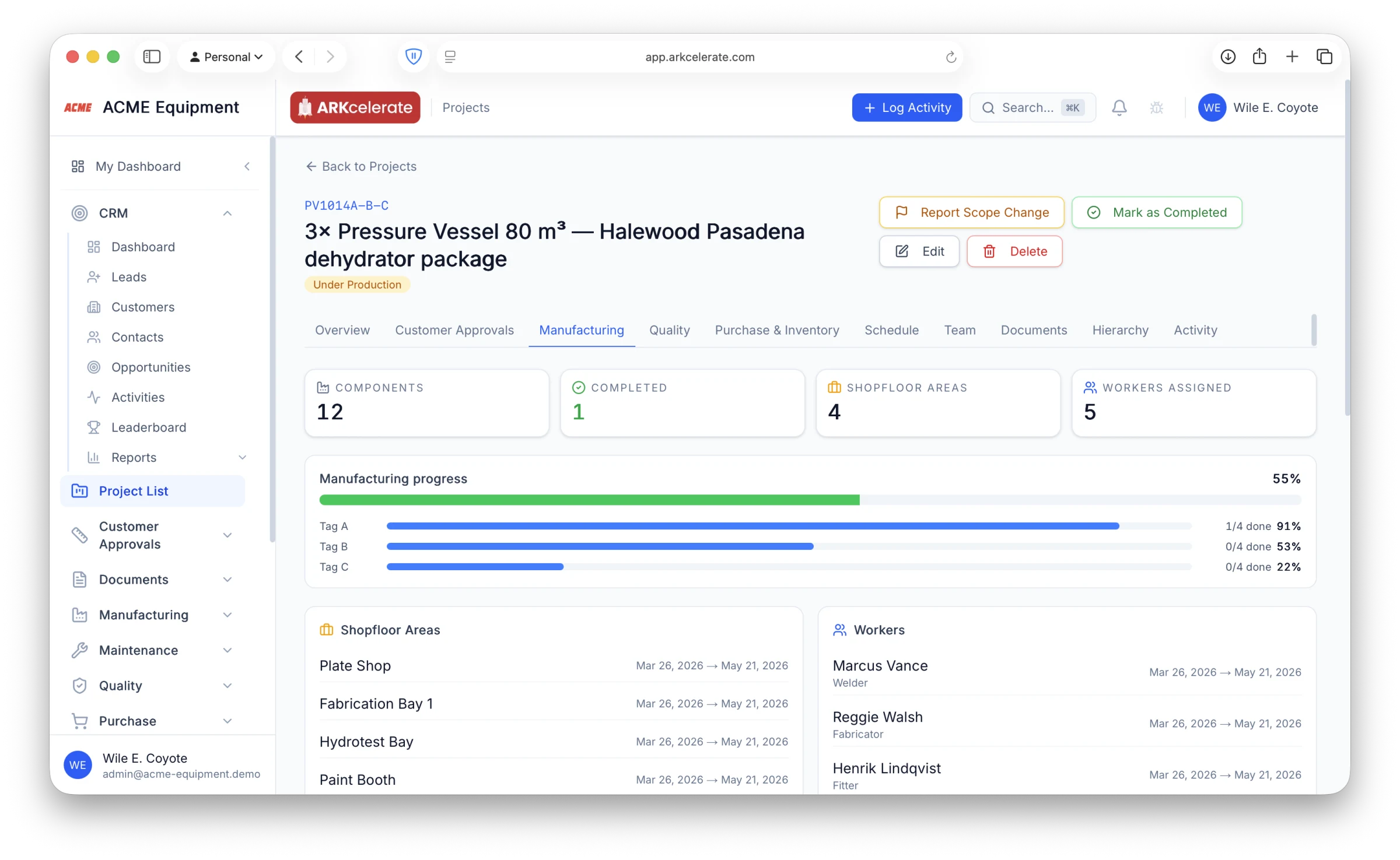 Project → Manufacturing tab — components, progress, areas and workers.