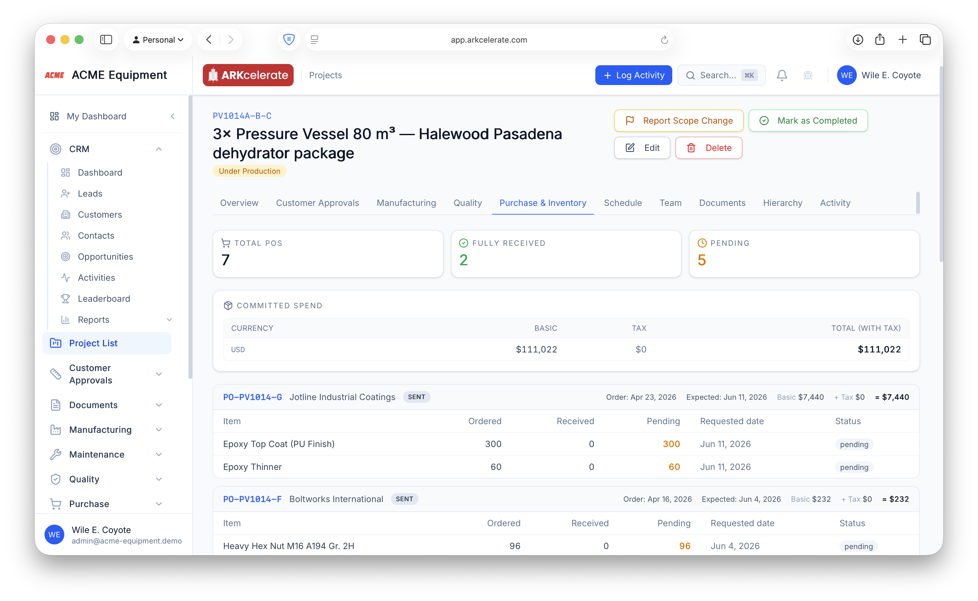Project → Purchase & Inventory tab — committed spend + per-PO line items.