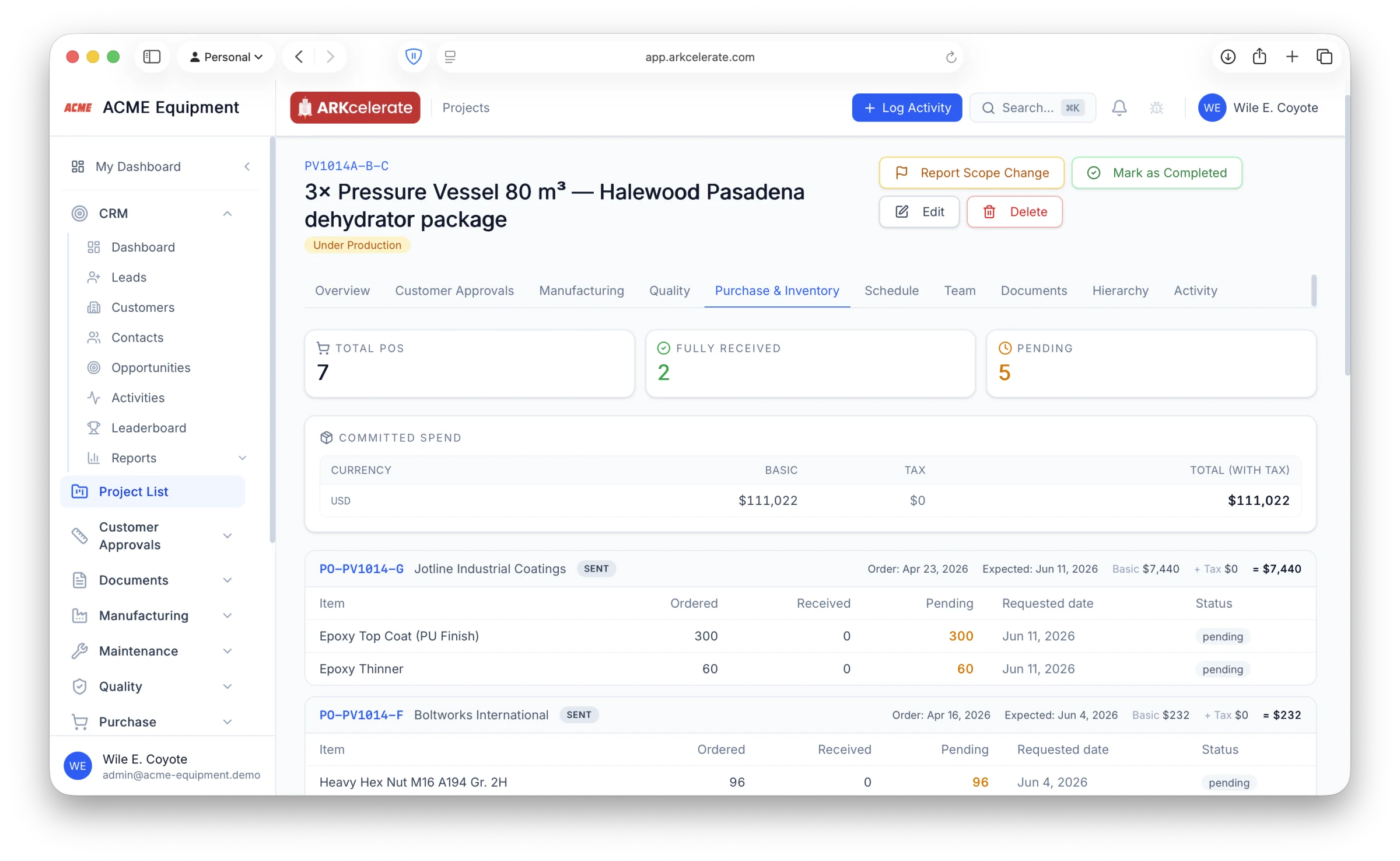 Project → Purchase & Inventory tab — committed spend + per-PO line items.
