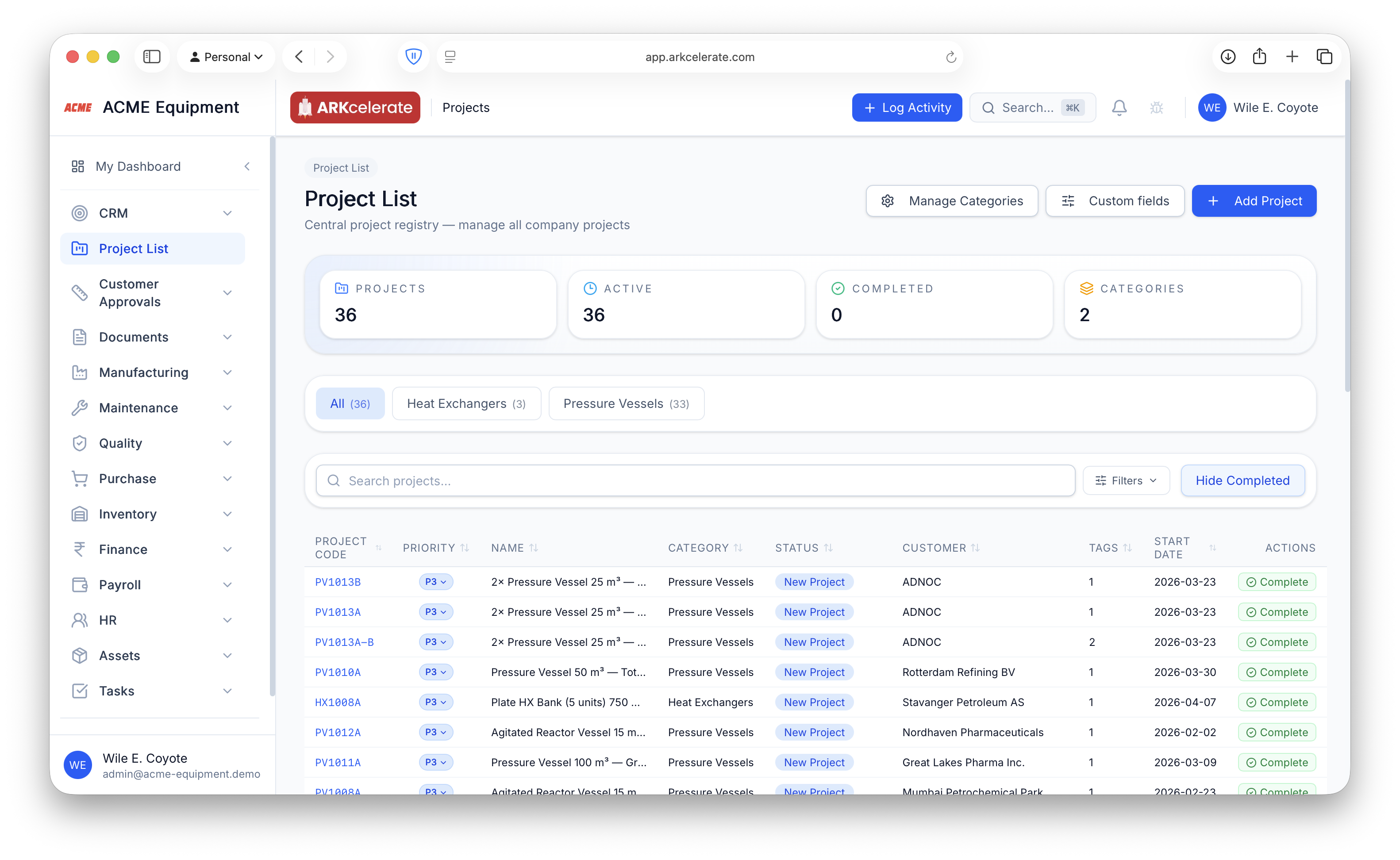 Project List — one row per engagement, the lookup key every module uses.