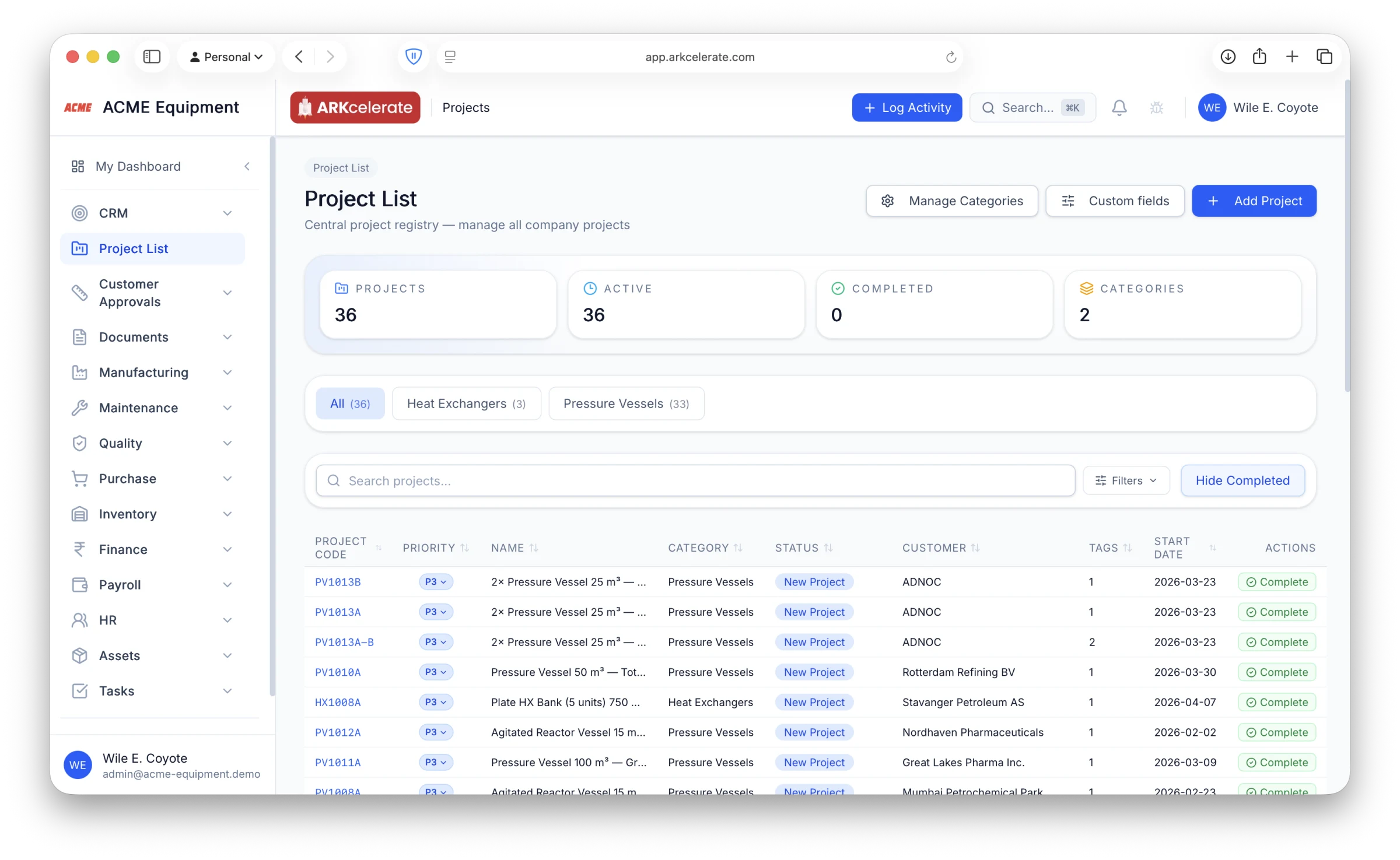 Project List — one row per engagement, the lookup key every module uses.