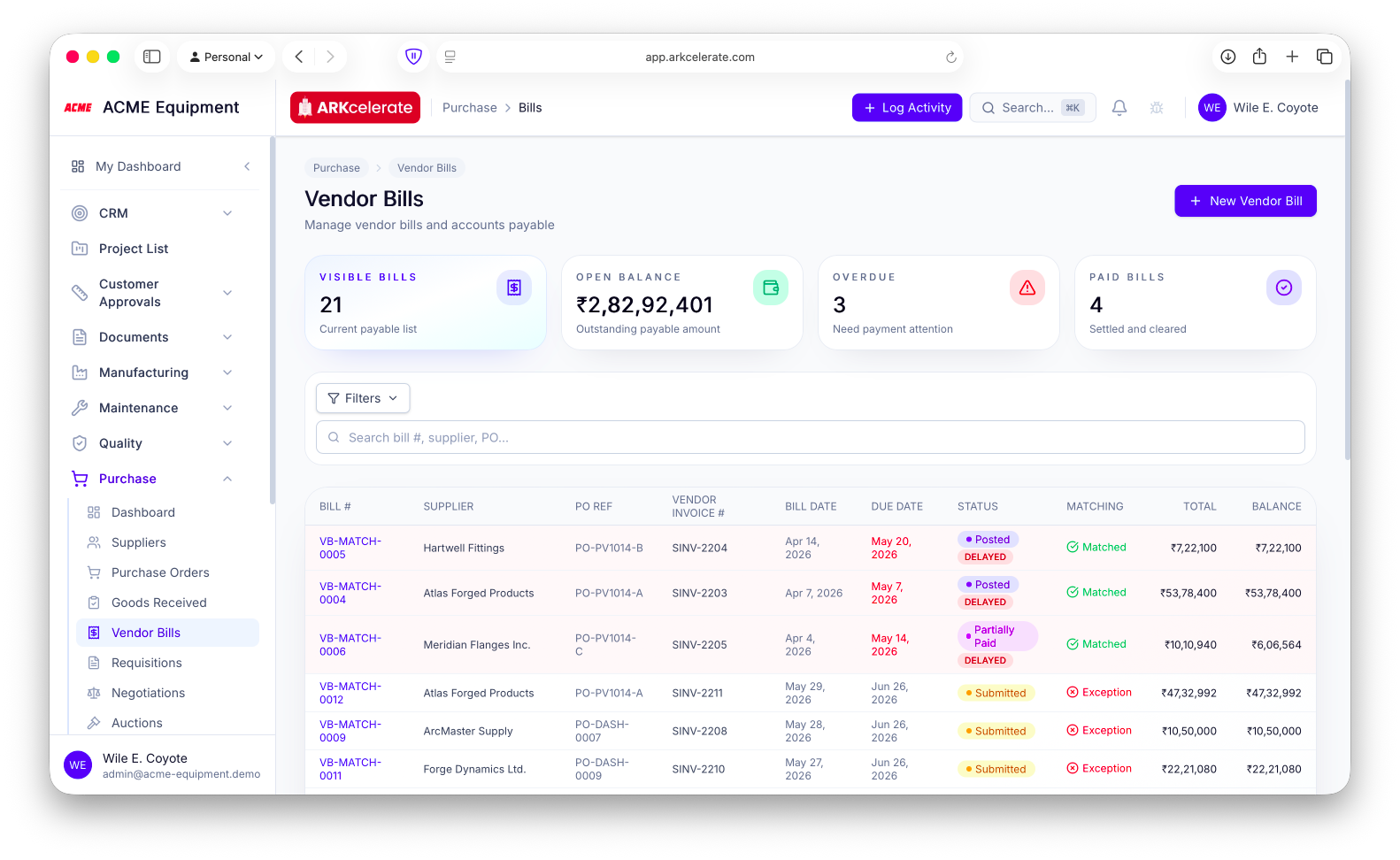 Vendor bills — matched vs exception flags, overdue/paid KPIs, three-way match at a glance.